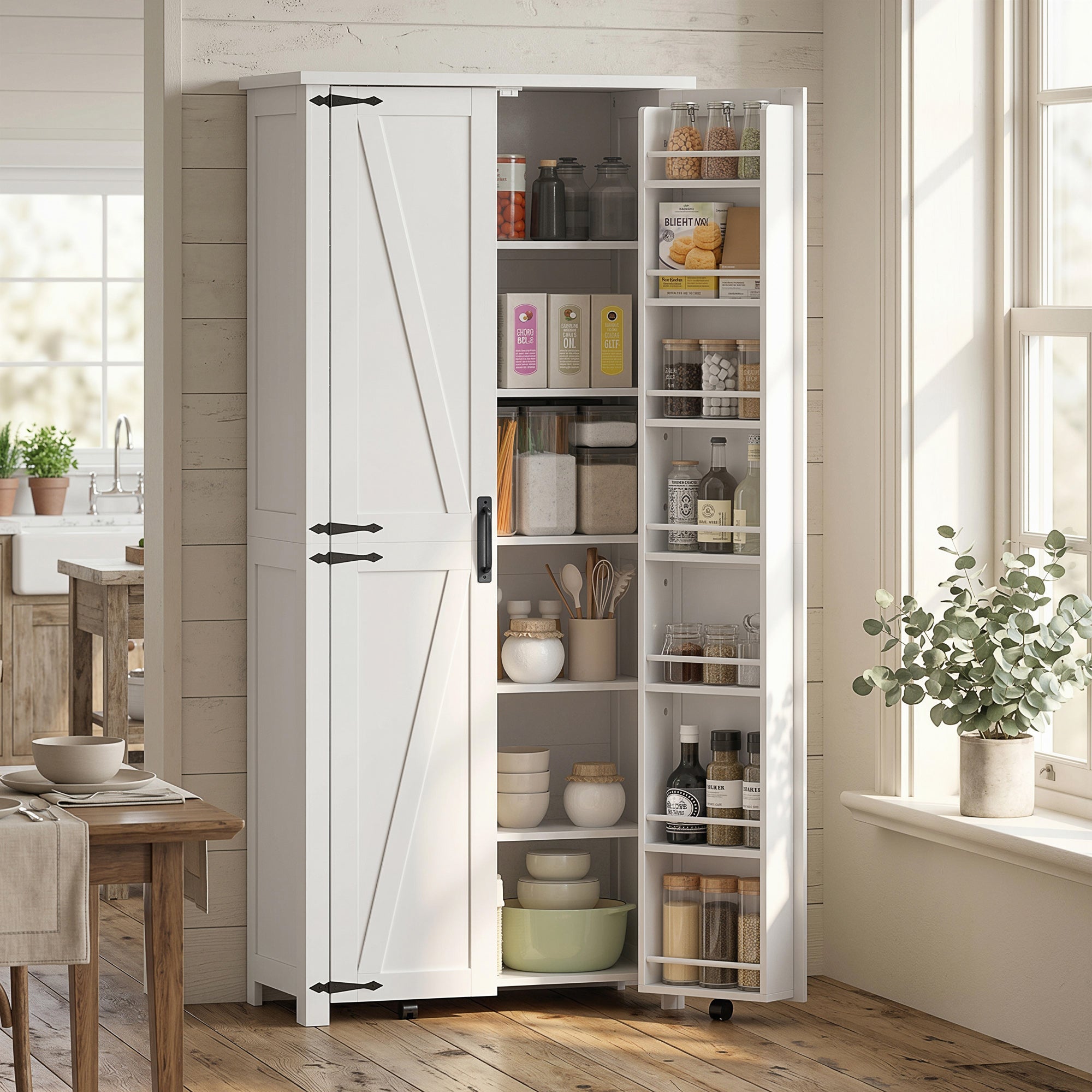 Buffet haut cuisine, armoire cuisine, vaisselier, 2 portes avec roulettes, 6 compartiments, 14 porte-racks et étagères réglables, style rustique, pour salle à manger, salon, 80x40x180cm, blanc