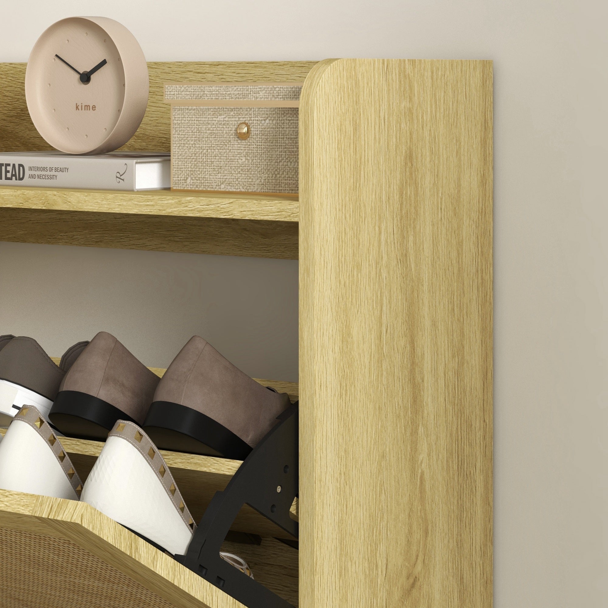 Meuble à chaussures étagère à chaussures armoire 2 portes abattants 12 paires, effet rotin tissé design bohème - dim. 80L x 24,5l x 110H cm naturel