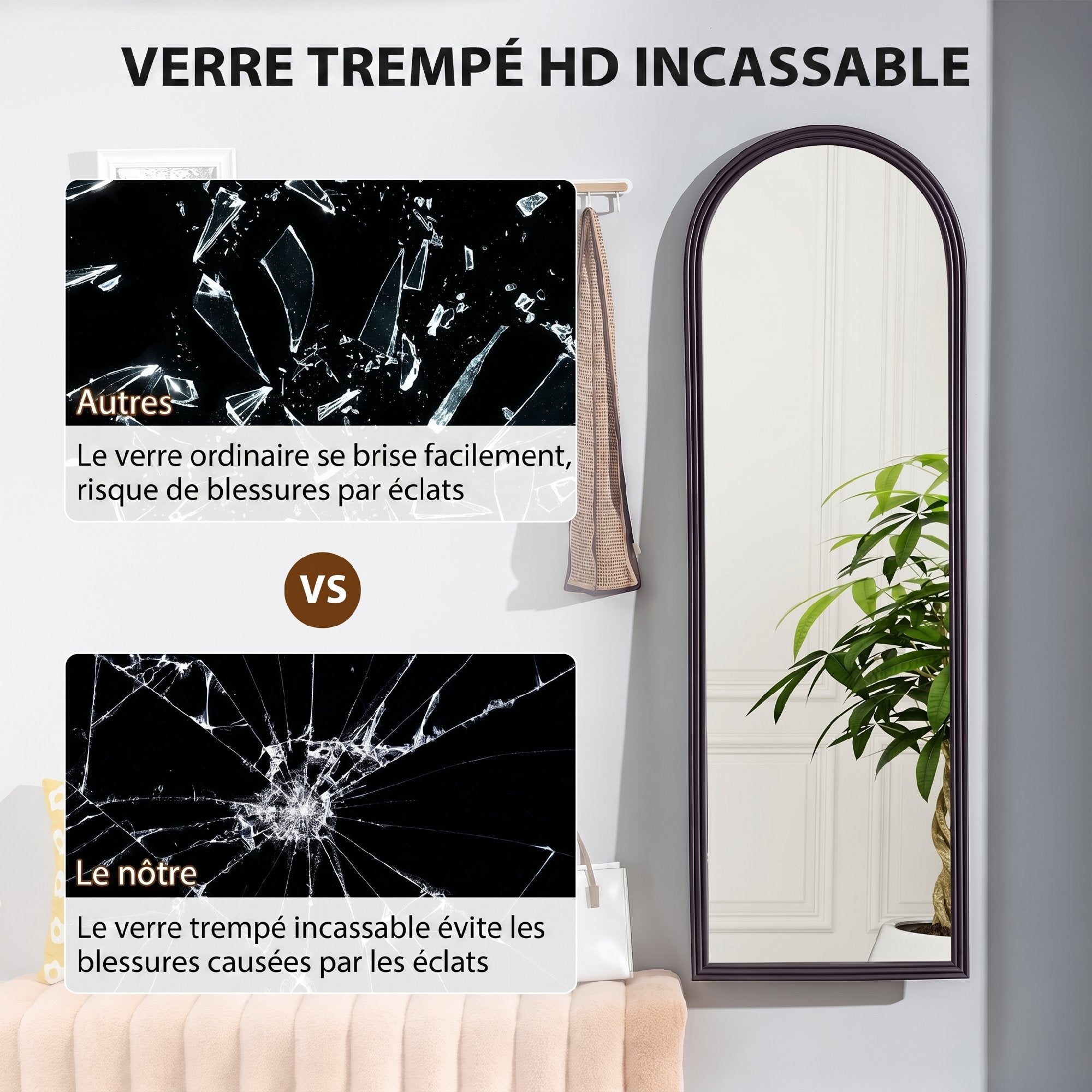 Miroir de sol arqué pleine longueur 53,3 x 162,5 cm - miroir sur pied avec cadre en effet imitation pierre, montage au sol, suspendu ou appuyé contre le mur, pour salon, chambre, marron