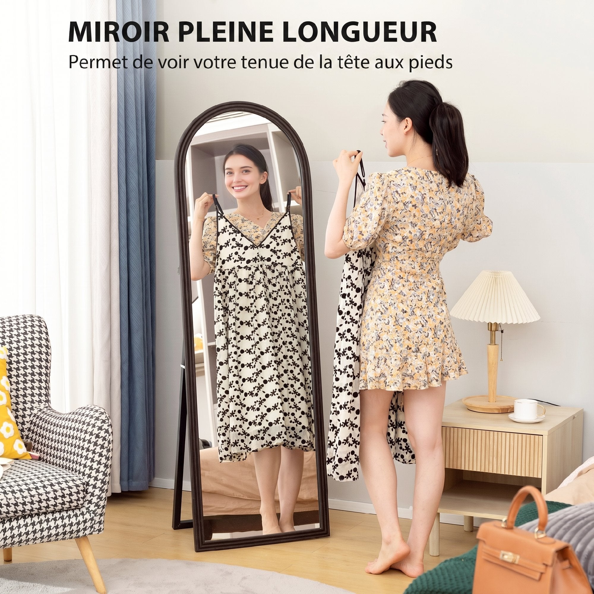 Miroir de sol arqué pleine longueur 53,3 x 162,5 cm - miroir sur pied avec cadre en effet imitation pierre, montage au sol, suspendu ou appuyé contre le mur, pour salon, chambre, marron