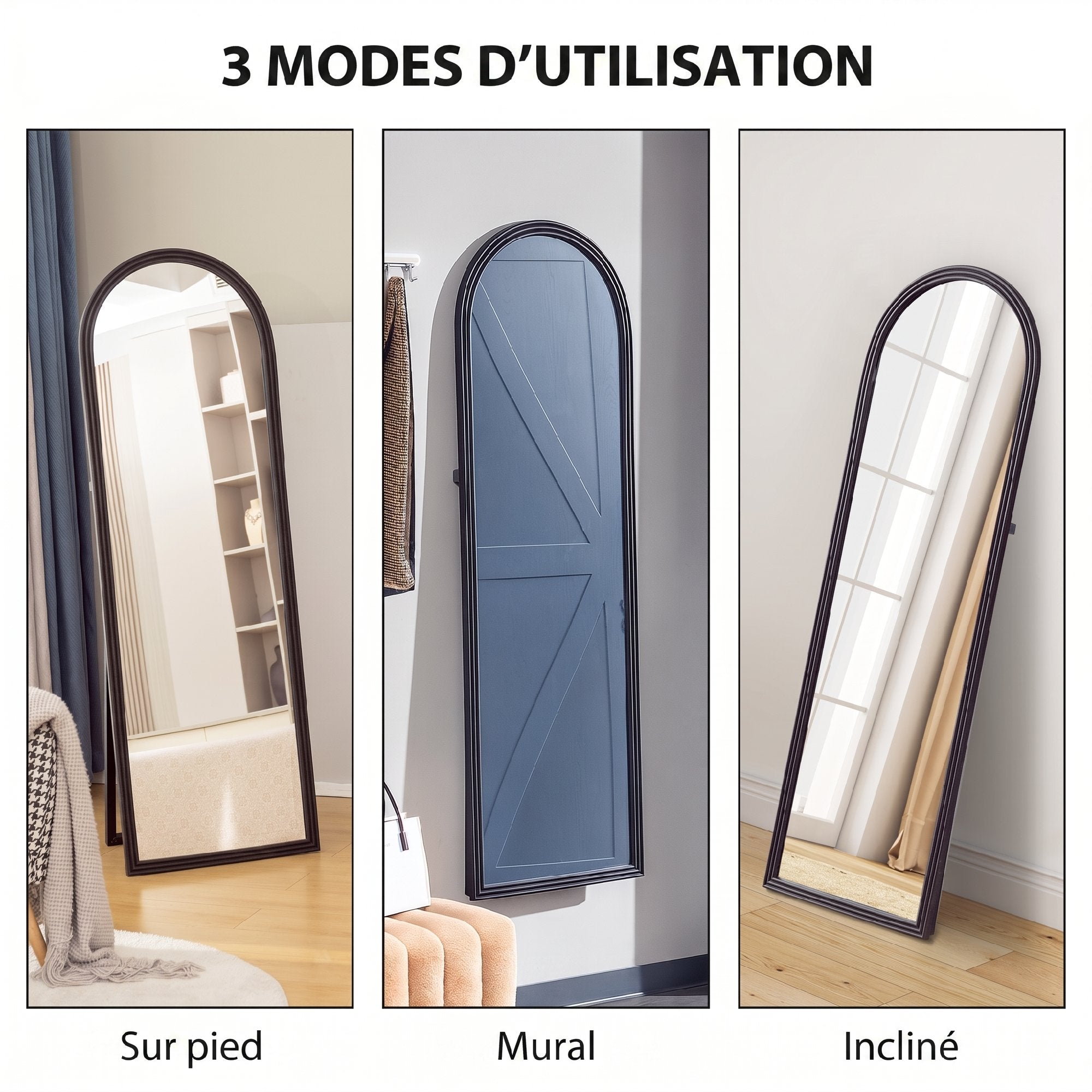 Miroir de sol arqué pleine longueur 53,3 x 162,5 cm - miroir sur pied avec cadre en effet imitation pierre, montage au sol, suspendu ou appuyé contre le mur, pour salon, chambre, marron