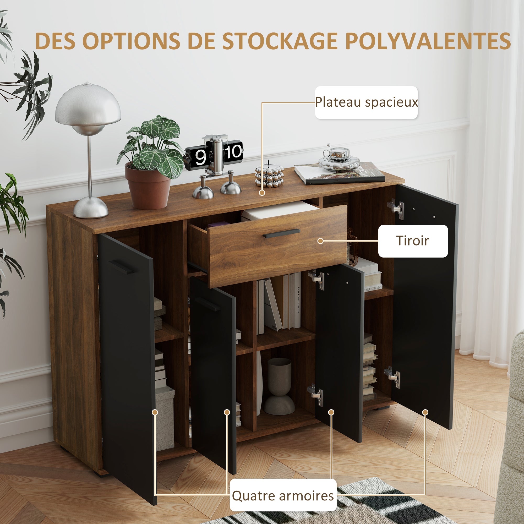 Buffet salon meuble de rangement avec 4 placards, tiroirs et étagères réglables, dim. 120 x 35 x 85 cm, marron et noir