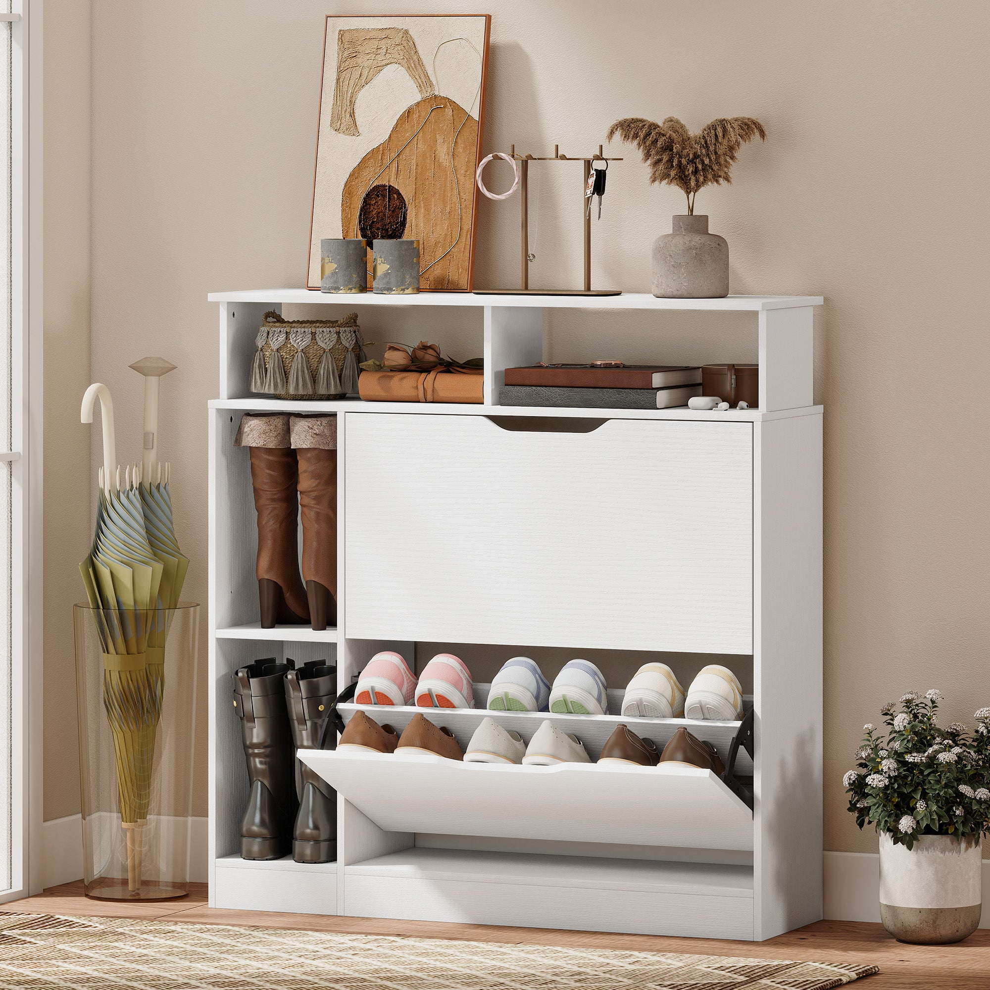 Meuble à Chaussures, Armoire à Chaussures Étroite avec 2 Tiroirs Rabattables, Compartiments Ouverts et Étagère Réglable, pour Couloir et Entrée, 89 x 25 x 92 cm, Blanc