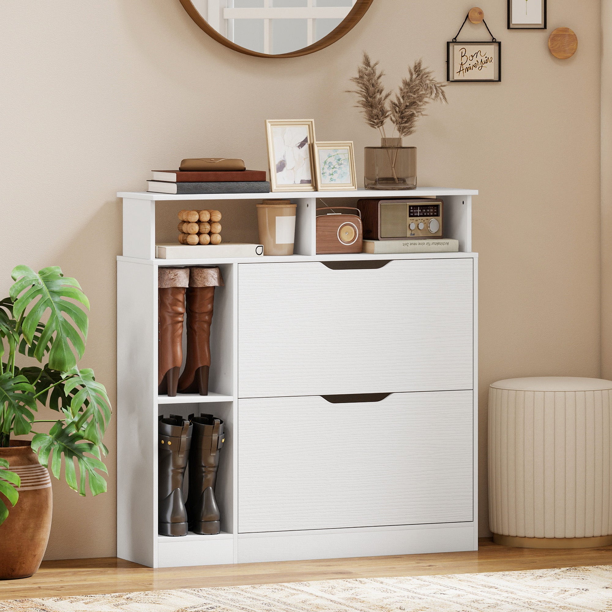 Meuble à Chaussures, Armoire à Chaussures Étroite avec 2 Tiroirs Rabattables, Compartiments Ouverts et Étagère Réglable, pour Couloir et Entrée, 89 x 25 x 92 cm, Blanc
