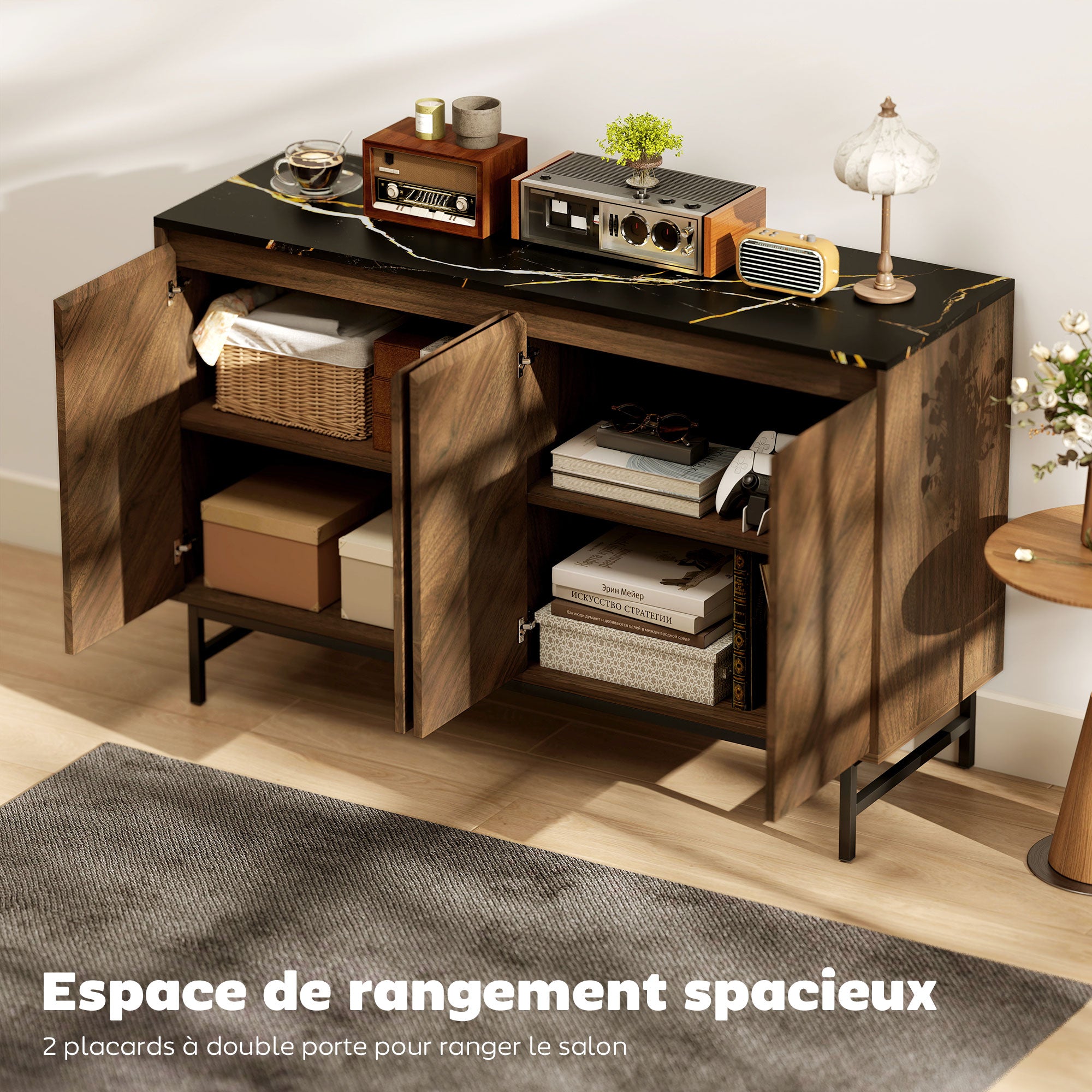 Meuble TV 120 cm, meuble télé pour téléviseur jusqu'à 55 pouces avec 4 portes, plateau effet marbre, étagères réglables et pieds en acier, banc TV pour salon, chambre à coucher, noyer