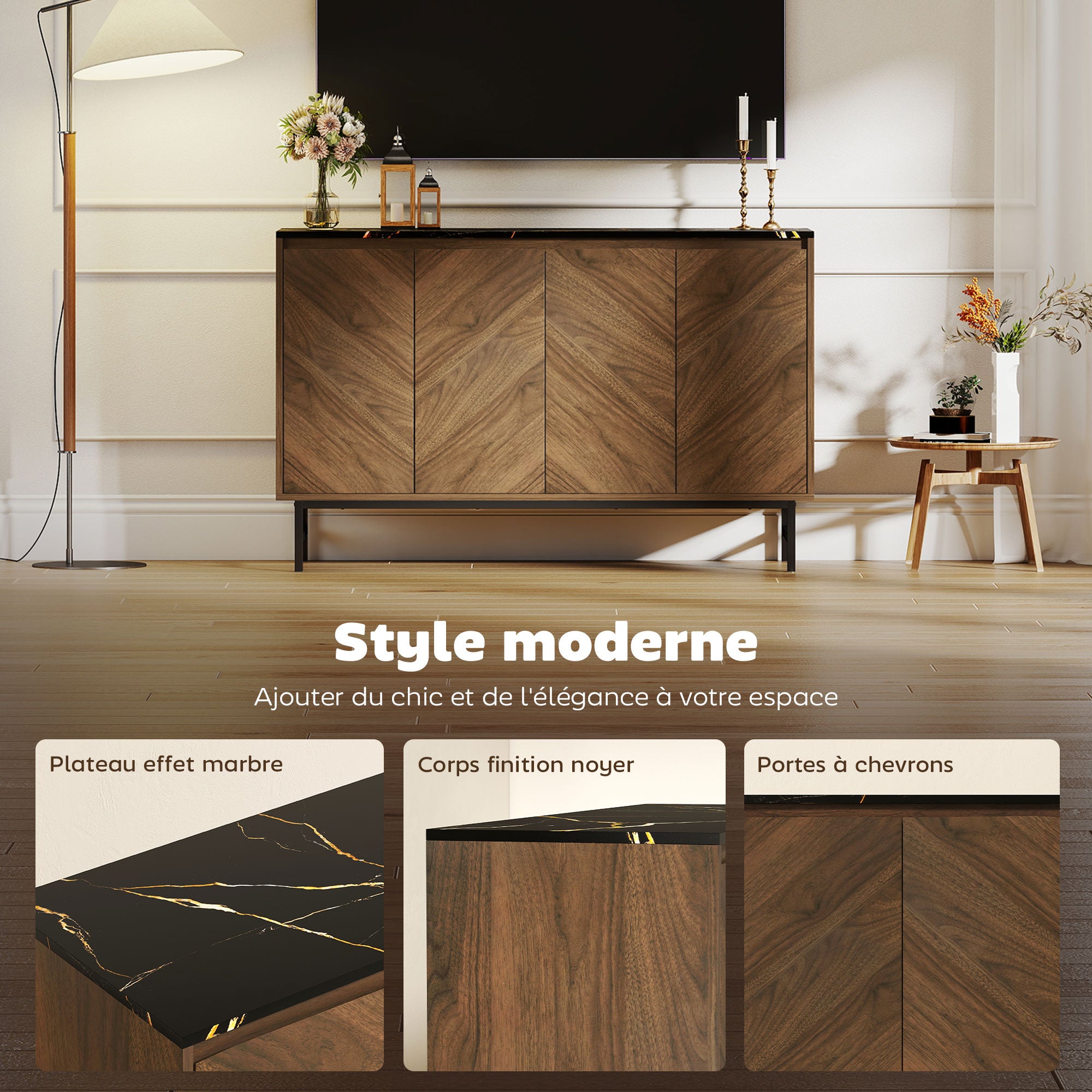Meuble TV 120 cm, meuble télé pour téléviseur jusqu'à 55 pouces avec 4 portes, plateau effet marbre, étagères réglables et pieds en acier, banc TV pour salon, chambre à coucher, noyer
