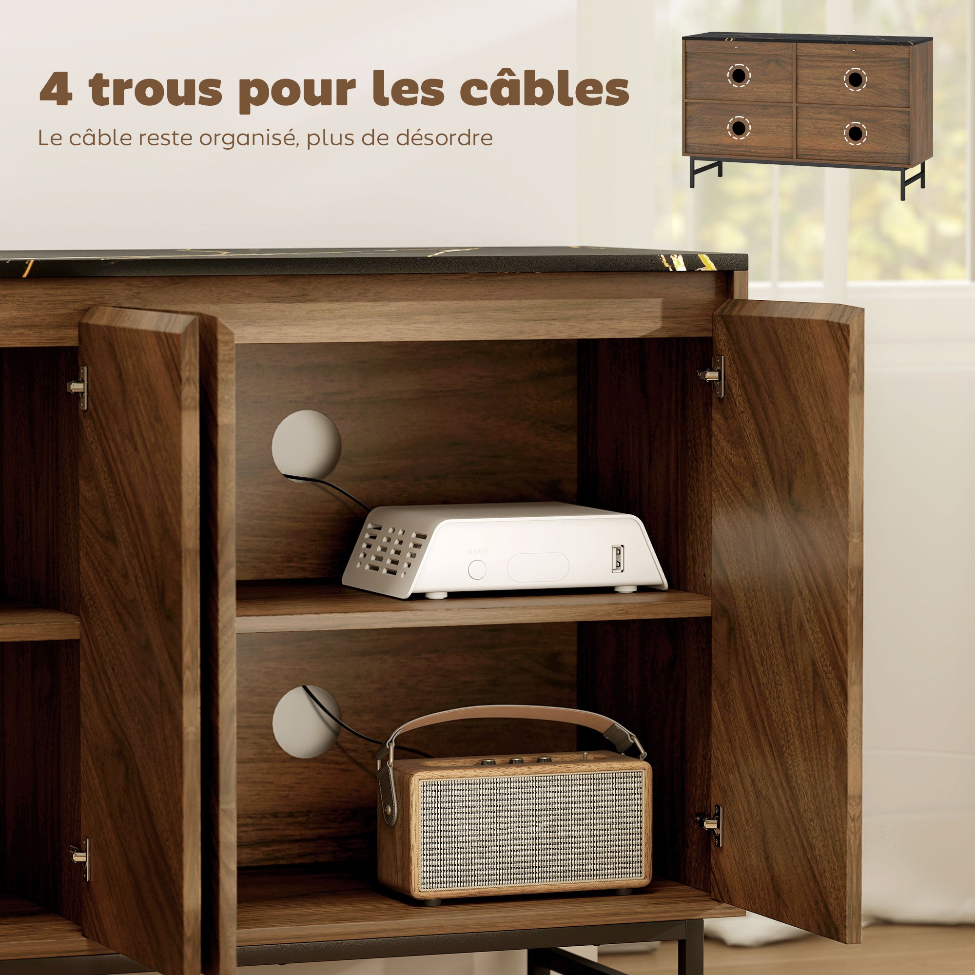 Meuble TV 120 cm, meuble télé pour téléviseur jusqu'à 55 pouces avec 4 portes, plateau effet marbre, étagères réglables et pieds en acier, banc TV pour salon, chambre à coucher, noyer