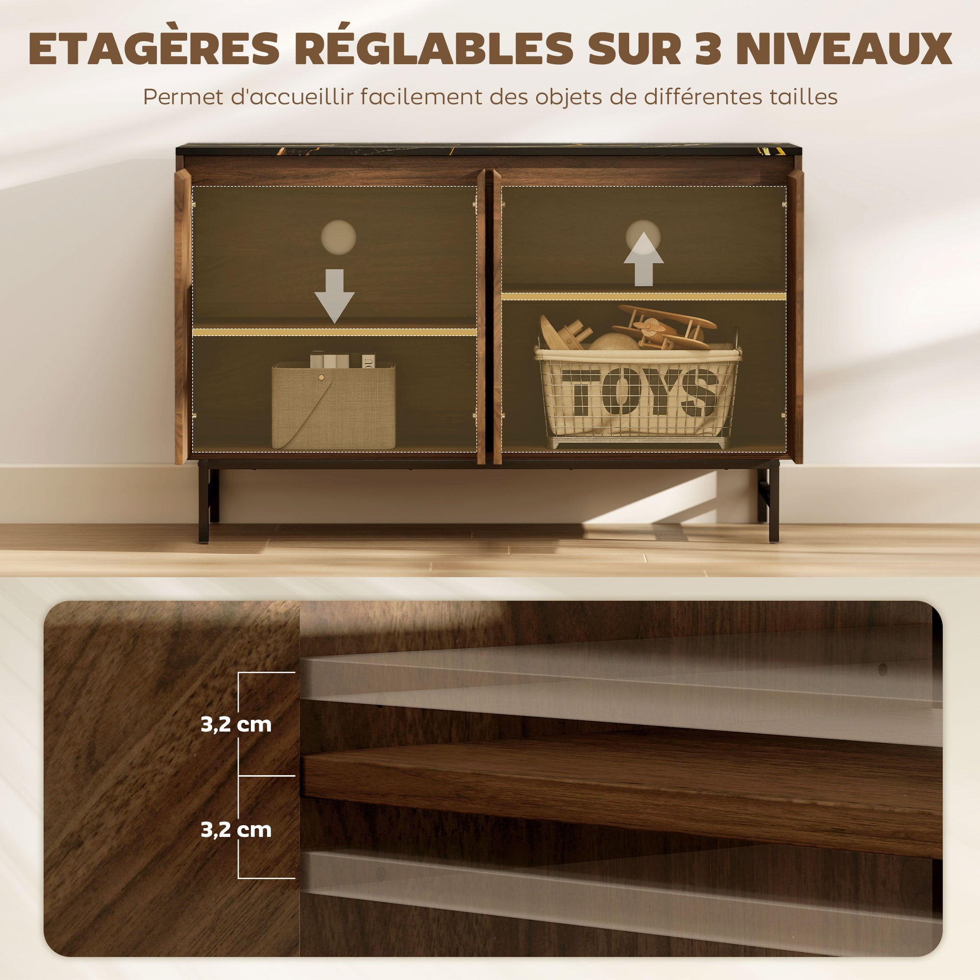 Meuble TV 120 cm, meuble télé pour téléviseur jusqu'à 55 pouces avec 4 portes, plateau effet marbre, étagères réglables et pieds en acier, banc TV pour salon, chambre à coucher, noyer
