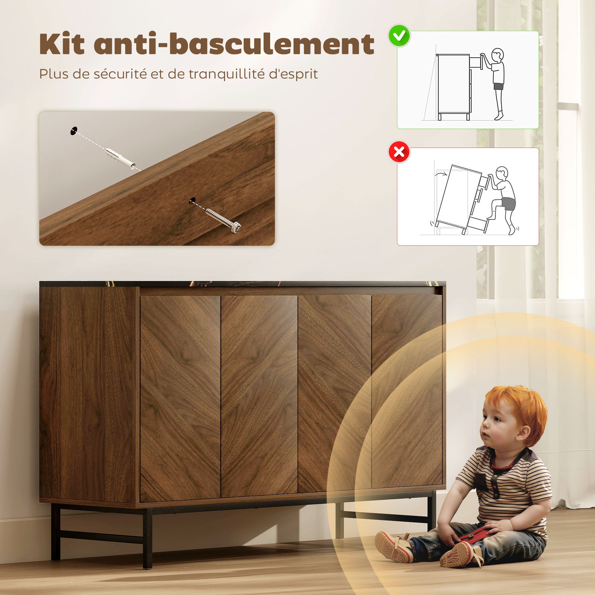 Meuble TV 120 cm, meuble télé pour téléviseur jusqu'à 55 pouces avec 4 portes, plateau effet marbre, étagères réglables et pieds en acier, banc TV pour salon, chambre à coucher, noyer
