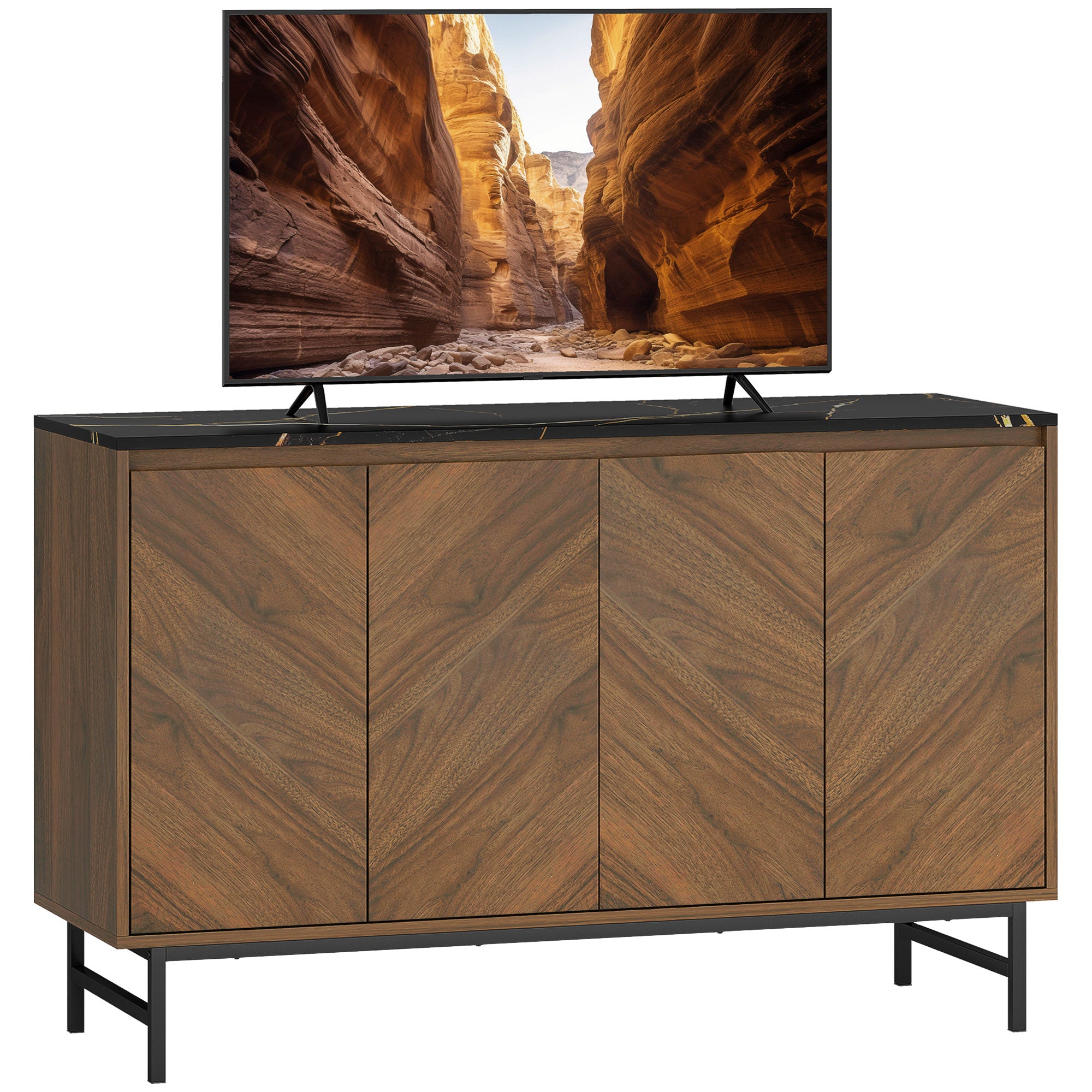Meuble TV 120 cm, meuble télé pour téléviseur jusqu'à 55 pouces avec 4 portes, plateau effet marbre, étagères réglables et pieds en acier, banc TV pour salon, chambre à coucher, noyer