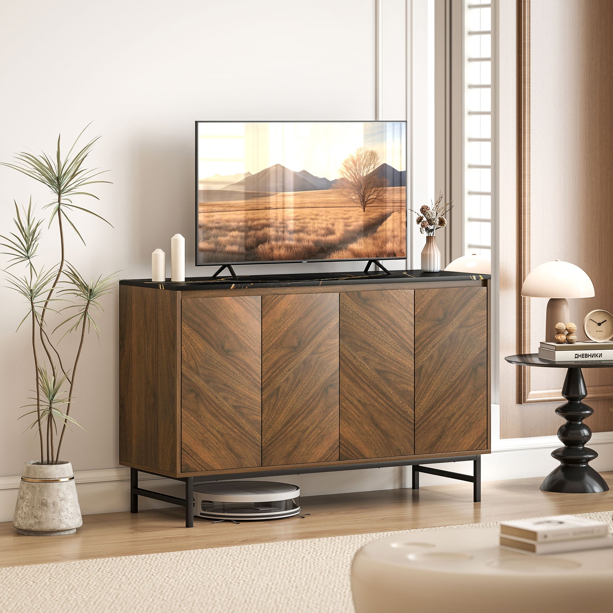 Meuble TV 120 cm, meuble télé pour téléviseur jusqu'à 55 pouces avec 4 portes, plateau effet marbre, étagères réglables et pieds en acier, banc TV pour salon, chambre à coucher, noyer
