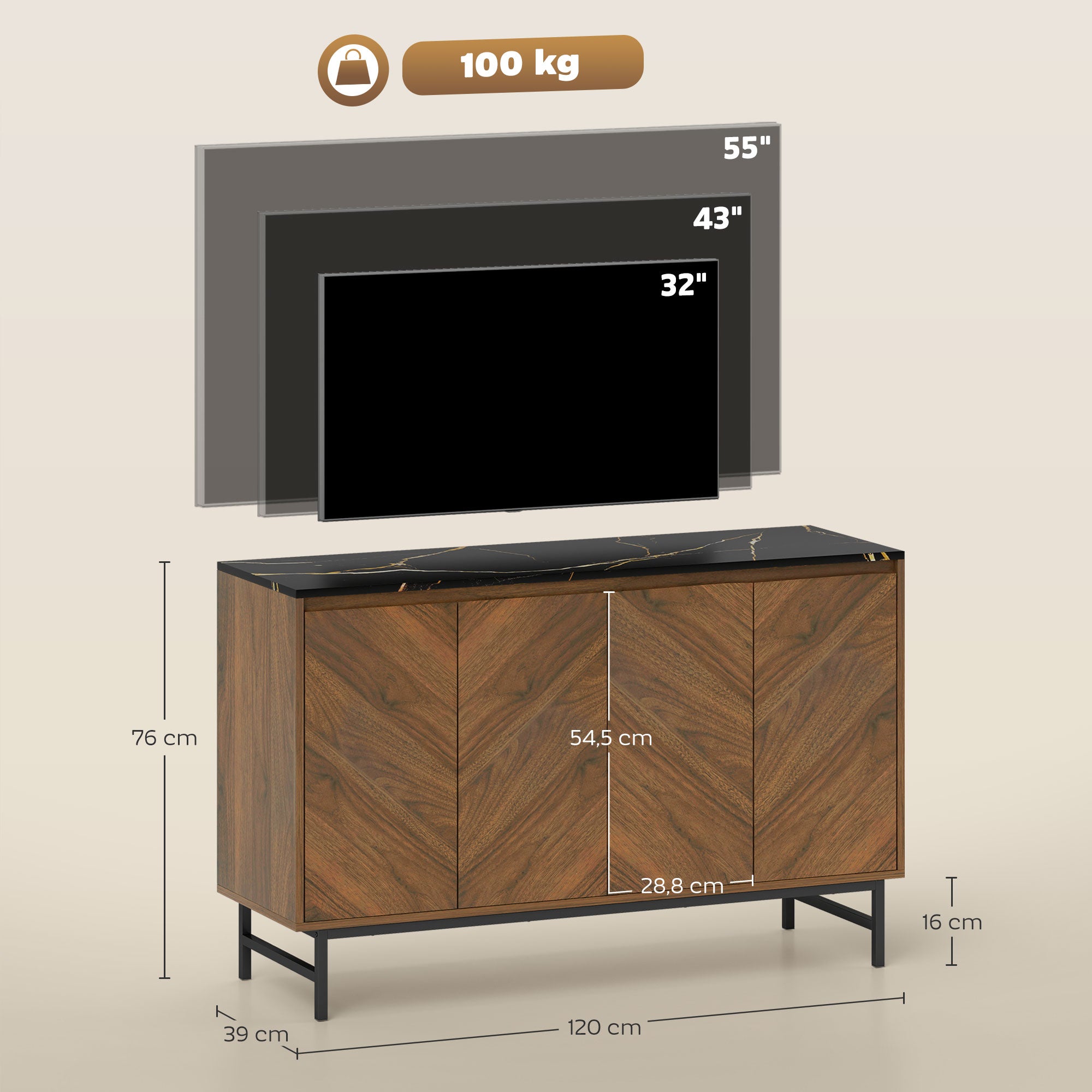 Meuble TV 120 cm, meuble télé pour téléviseur jusqu'à 55 pouces avec 4 portes, plateau effet marbre, étagères réglables et pieds en acier, banc TV pour salon, chambre à coucher, noyer
