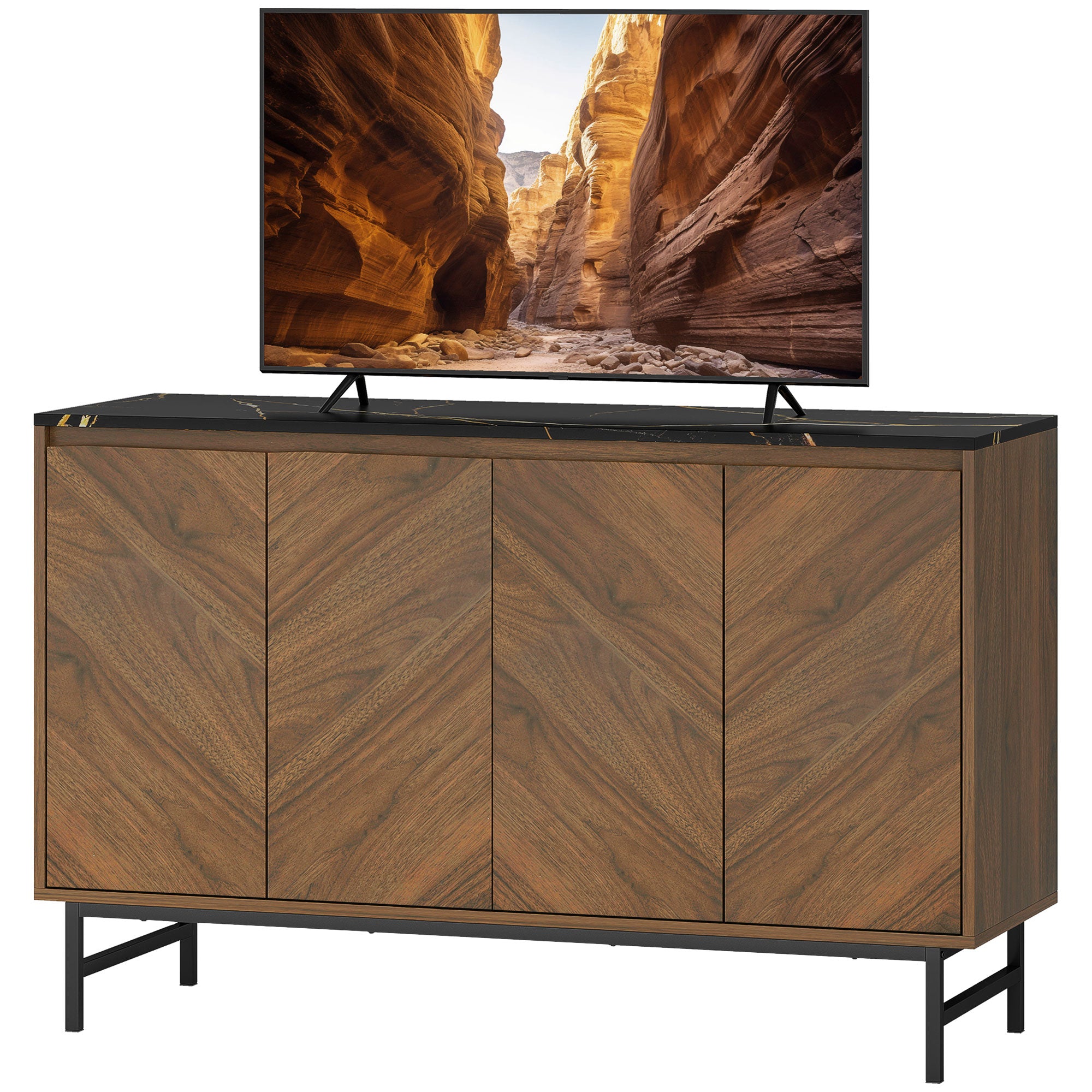 Meuble TV 120 cm, meuble télé pour téléviseur jusqu'à 55 pouces avec 4 portes, plateau effet marbre, étagères réglables et pieds en acier, banc TV pour salon, chambre à coucher, noyer