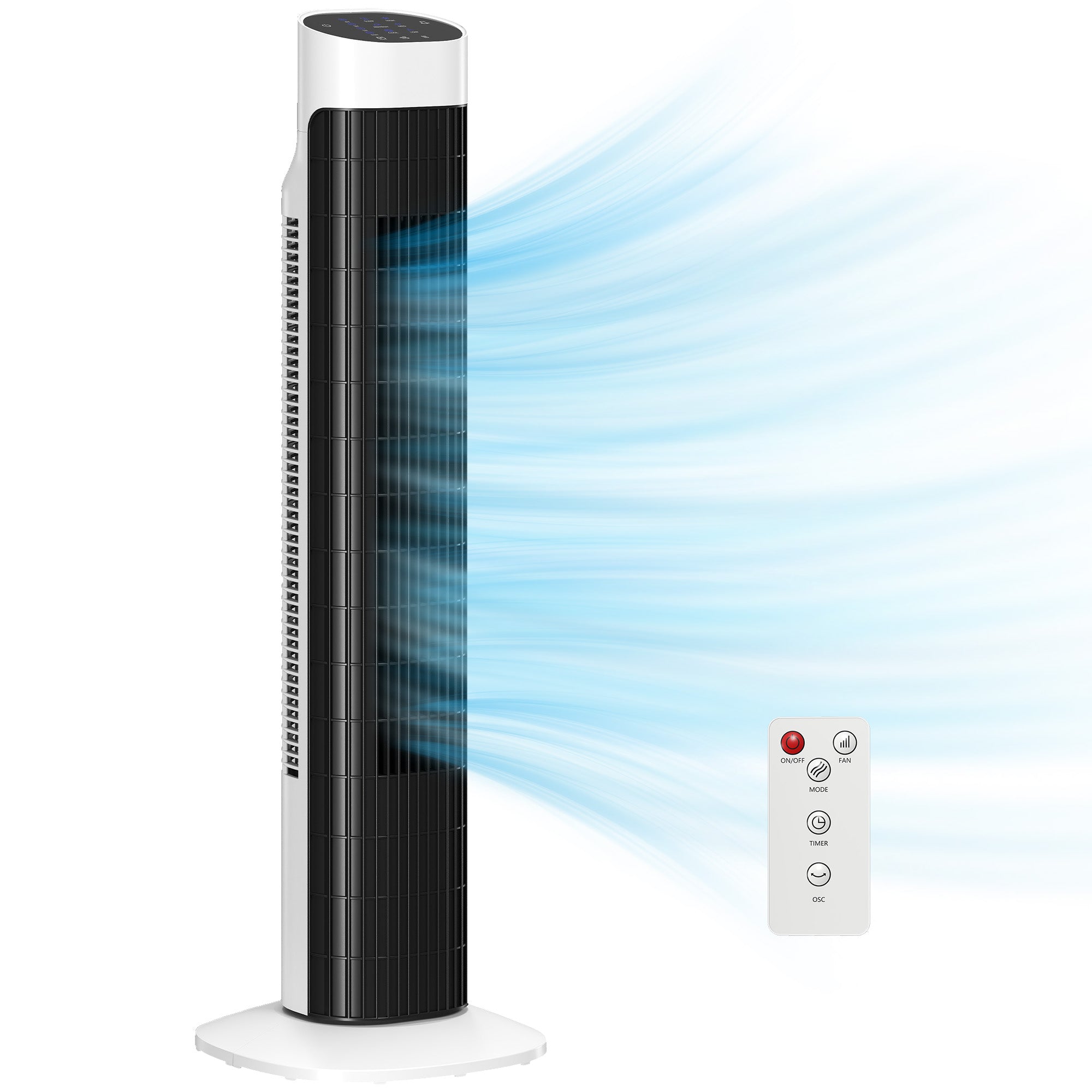 Ventilateur colonne, ventilateur tour pour chambre, 80 cm de haut, oscillant à 70°, écran LED, télécommande, 3 vitesses, minuterie 12H, blanc et noir