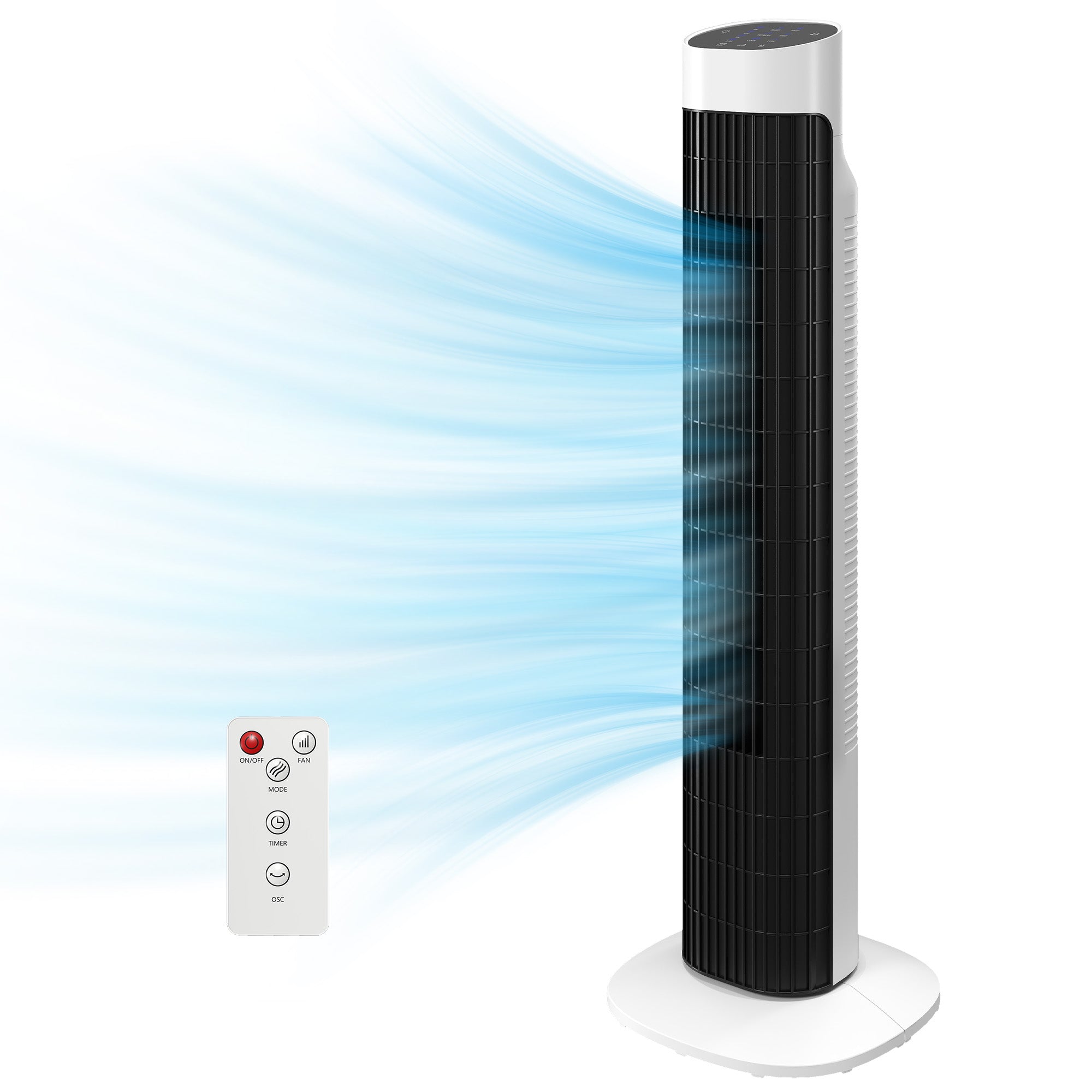 Ventilateur colonne, ventilateur tour pour chambre, 80 cm de haut, oscillant à 70°, écran LED, télécommande, 3 vitesses, minuterie 12H, blanc et noir