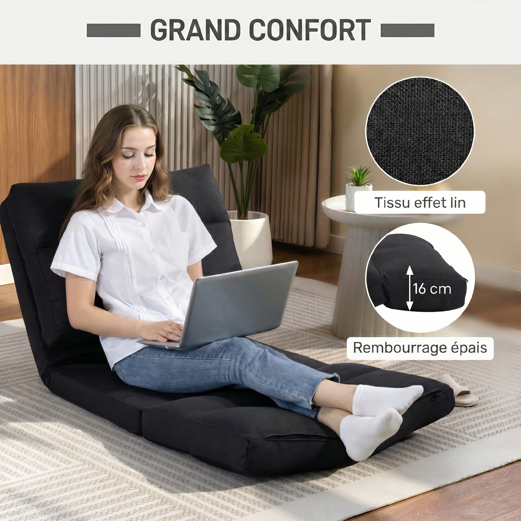 Canapé paresseux chauffeuse 1 place fauteuil paresseux convertible en lit fauteuil salon avec dossier inclinable sur 5 positions, charge 120 Kg, pour salon chambre et bureau, 70x72x56 cm, noir
