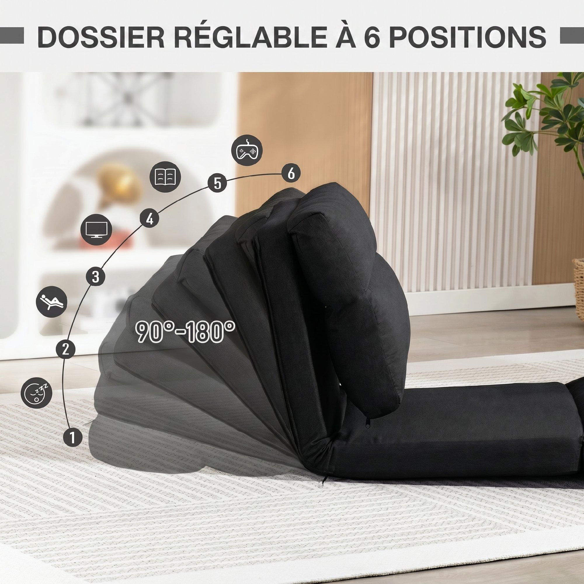 Canapé paresseux chauffeuse 1 place fauteuil paresseux convertible en lit fauteuil salon avec dossier inclinable sur 5 positions, charge 120 Kg, pour salon chambre et bureau, 70x72x56 cm, noir