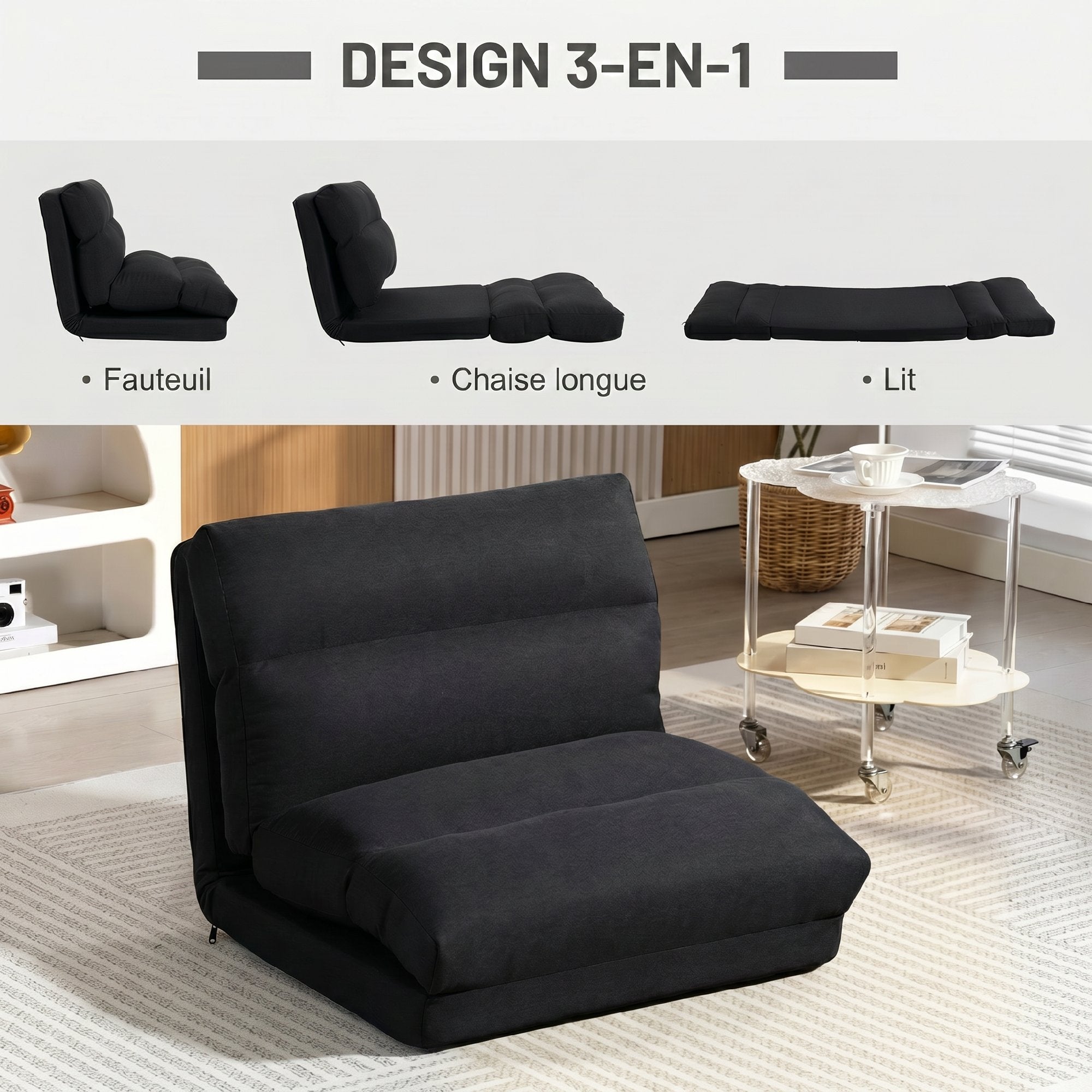 Canapé paresseux chauffeuse 1 place fauteuil paresseux convertible en lit fauteuil salon avec dossier inclinable sur 5 positions, charge 120 Kg, pour salon chambre et bureau, 70x72x56 cm, noir