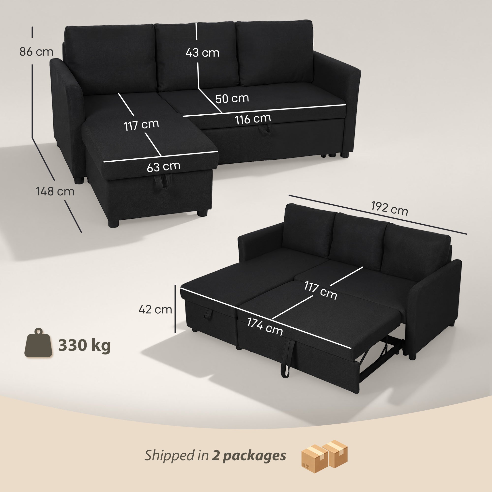 Canapé d'Angle Convertible, Canapé-Lit 3 Places 192 cm avec Méridienne Réversible, Espace de Rangement Caché, Coussins Inclus, Tissu Aspect Lin, pour Salon, Bureau, Appartement, Gris Anthracite