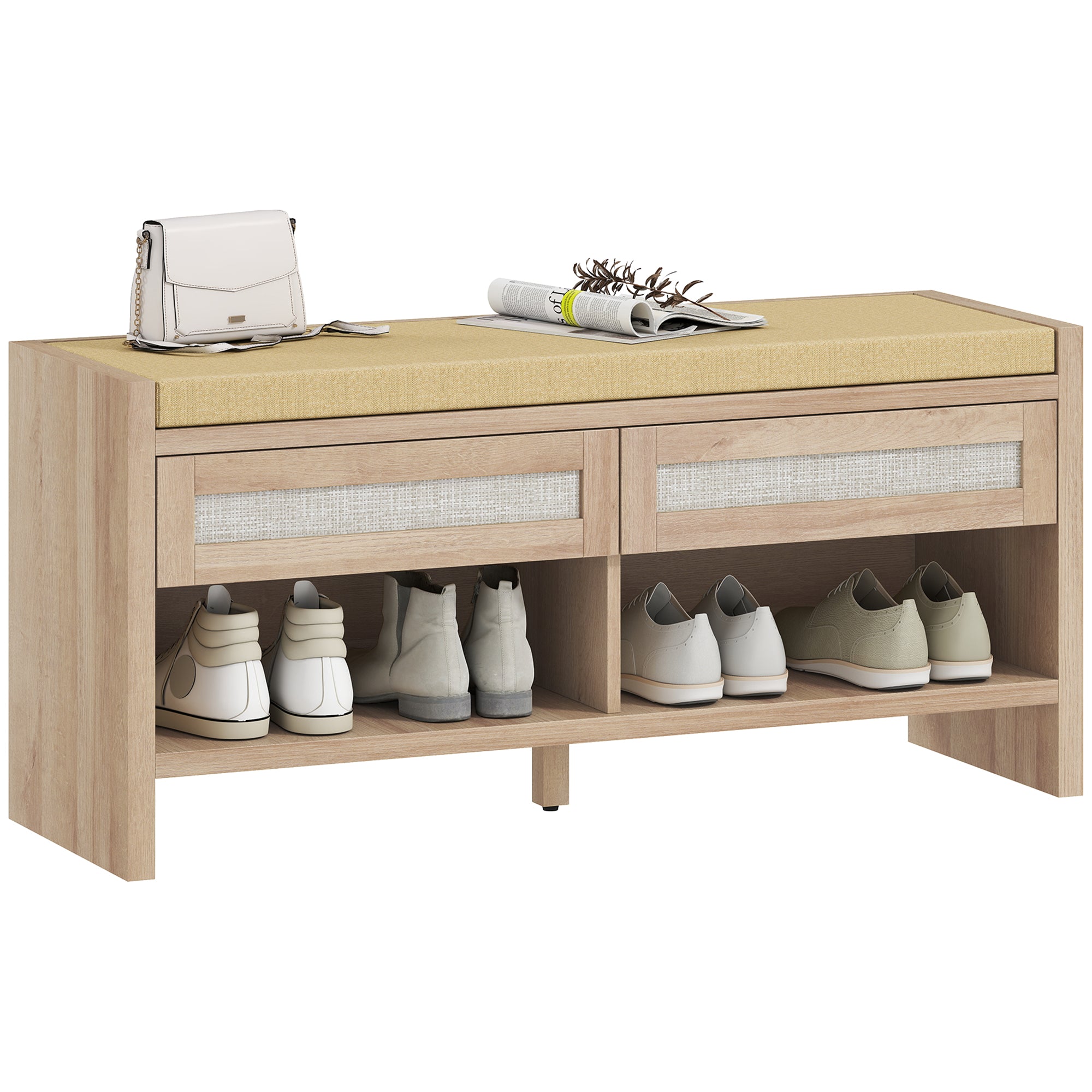 Banc chaussures entrée, banc de rangement, assise rembourrée en lin, 2 tiroirs en rotin et étagère ouverte, style bohème, pour entrée, couloir, 108 x 35 x 50 cm, chêne et marron clair