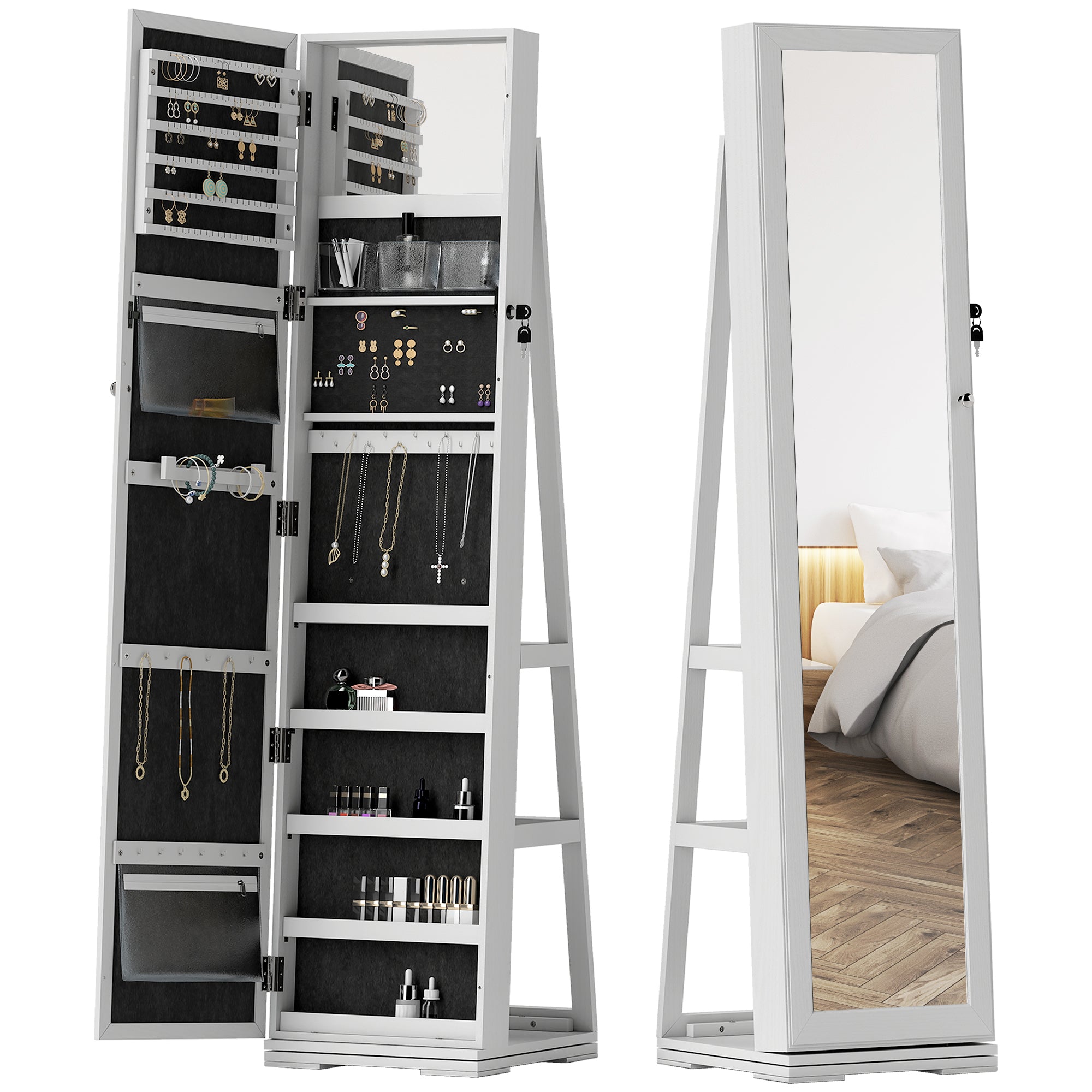 Armoire à Bijoux pivotante verrouillable boîte à bijoux avec Miroir - Armoire Bijoux Multi-Rangement - en Bois Blanc
