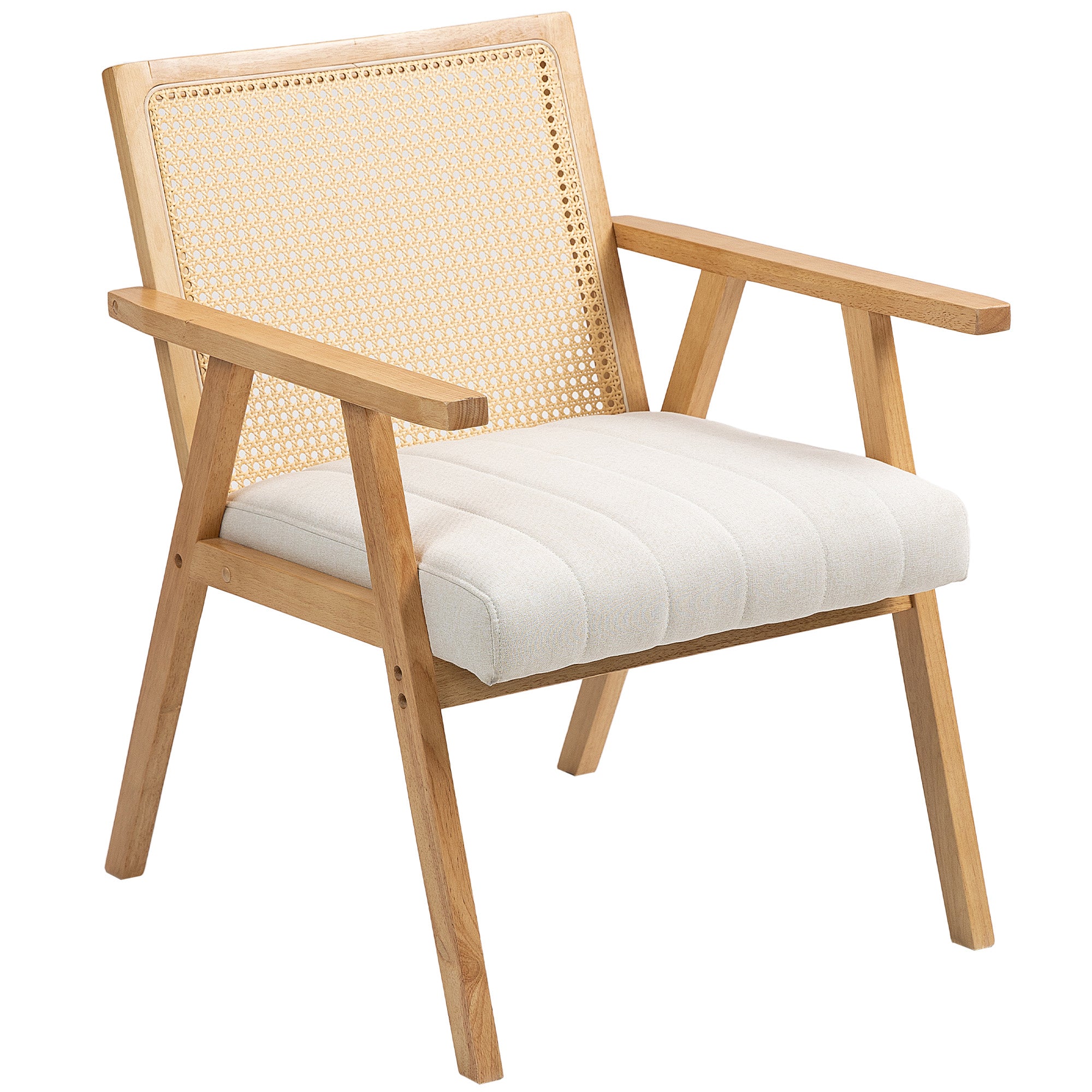 Fauteuil Relax pour Salon Chambre Confortable, Chaise cannage avec Dossier en rotin et Coussin rembourré et accoudoirs, Bois Naturel