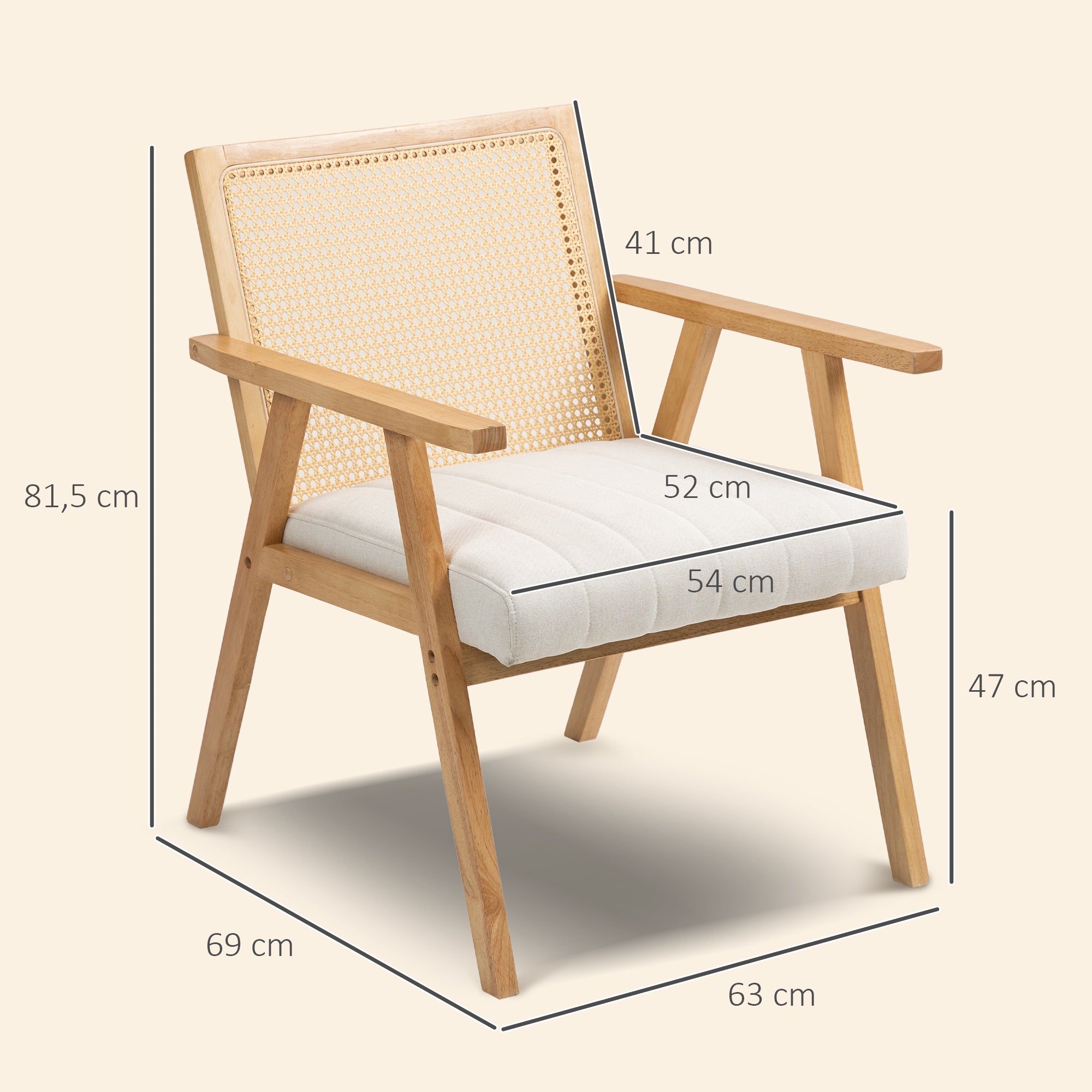 Fauteuil Relax pour Salon Chambre Confortable, Chaise cannage avec Dossier en rotin et Coussin rembourré et accoudoirs, Bois Naturel