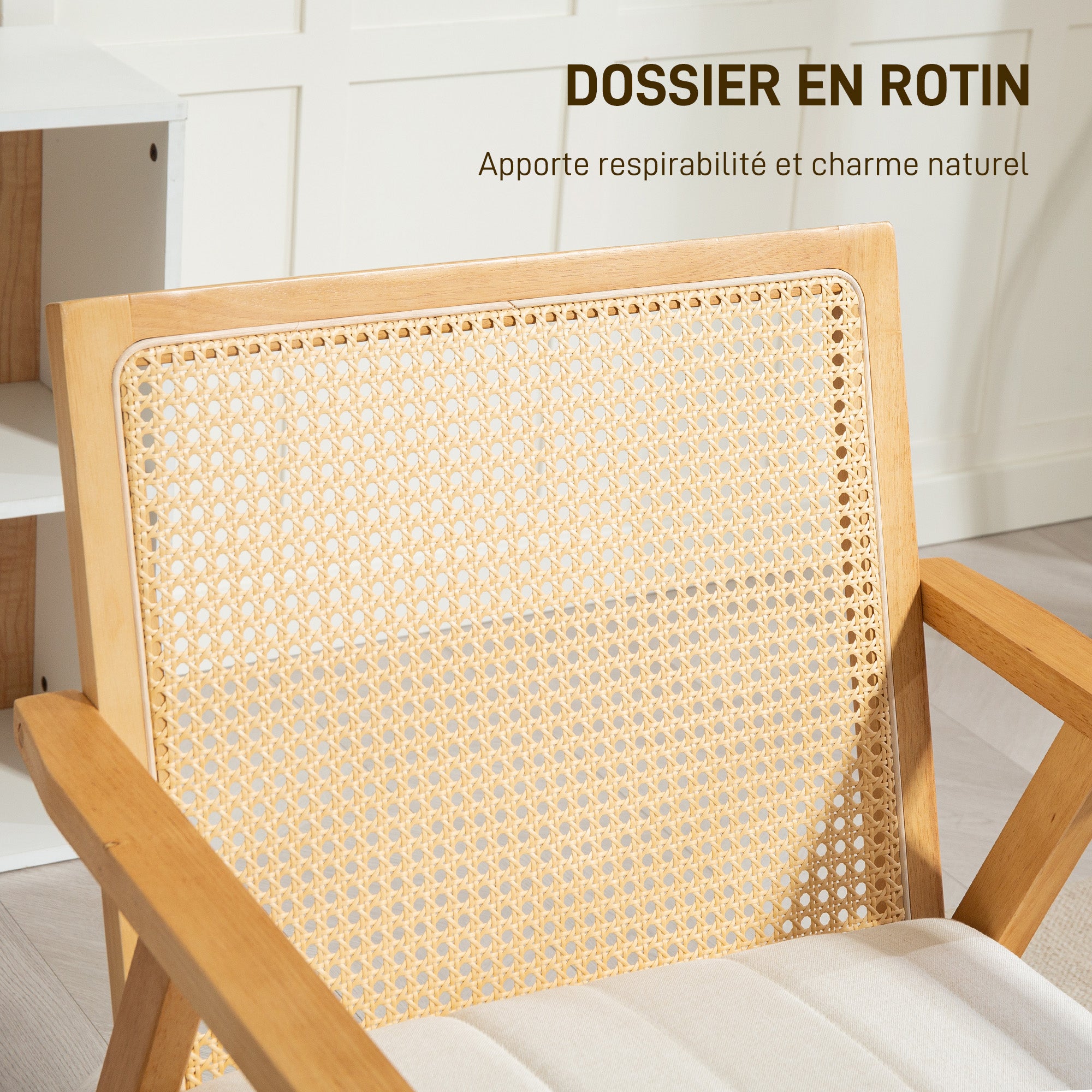 Fauteuil Relax pour Salon Chambre Confortable, Chaise cannage avec Dossier en rotin et Coussin rembourré et accoudoirs, Bois Naturel