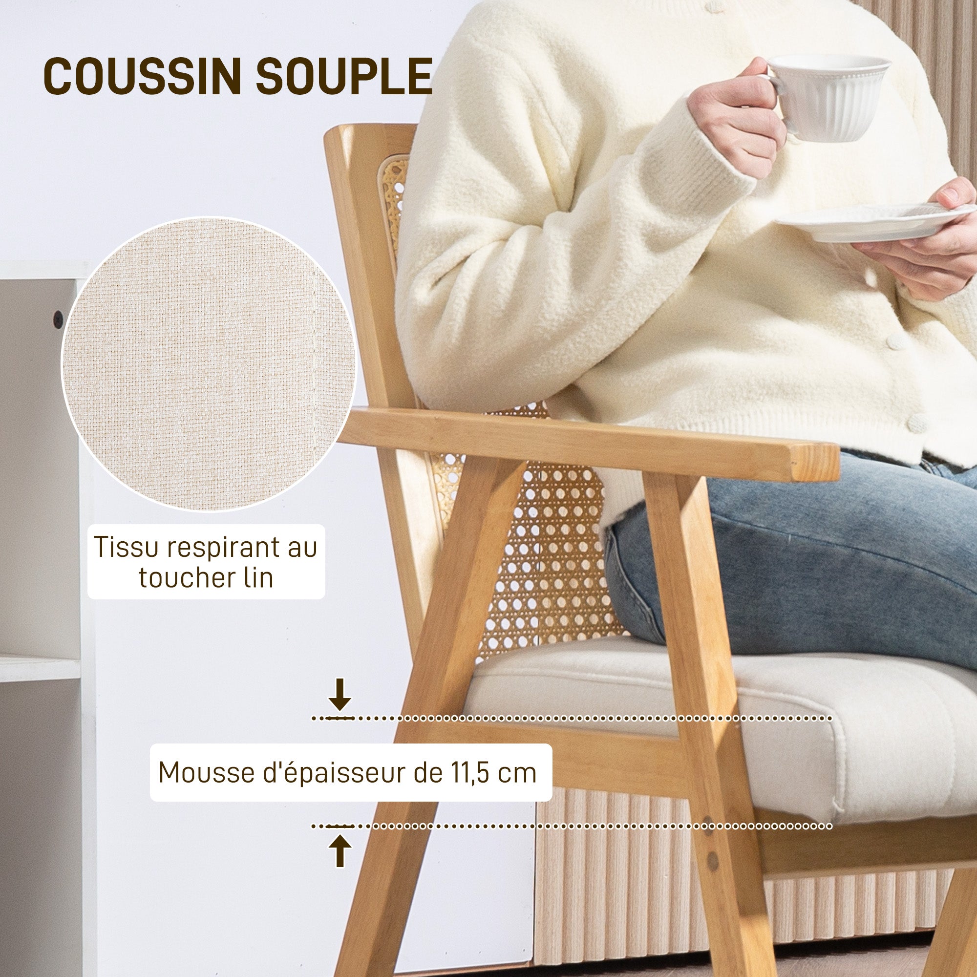 Fauteuil Relax pour Salon Chambre Confortable, Chaise cannage avec Dossier en rotin et Coussin rembourré et accoudoirs, Bois Naturel