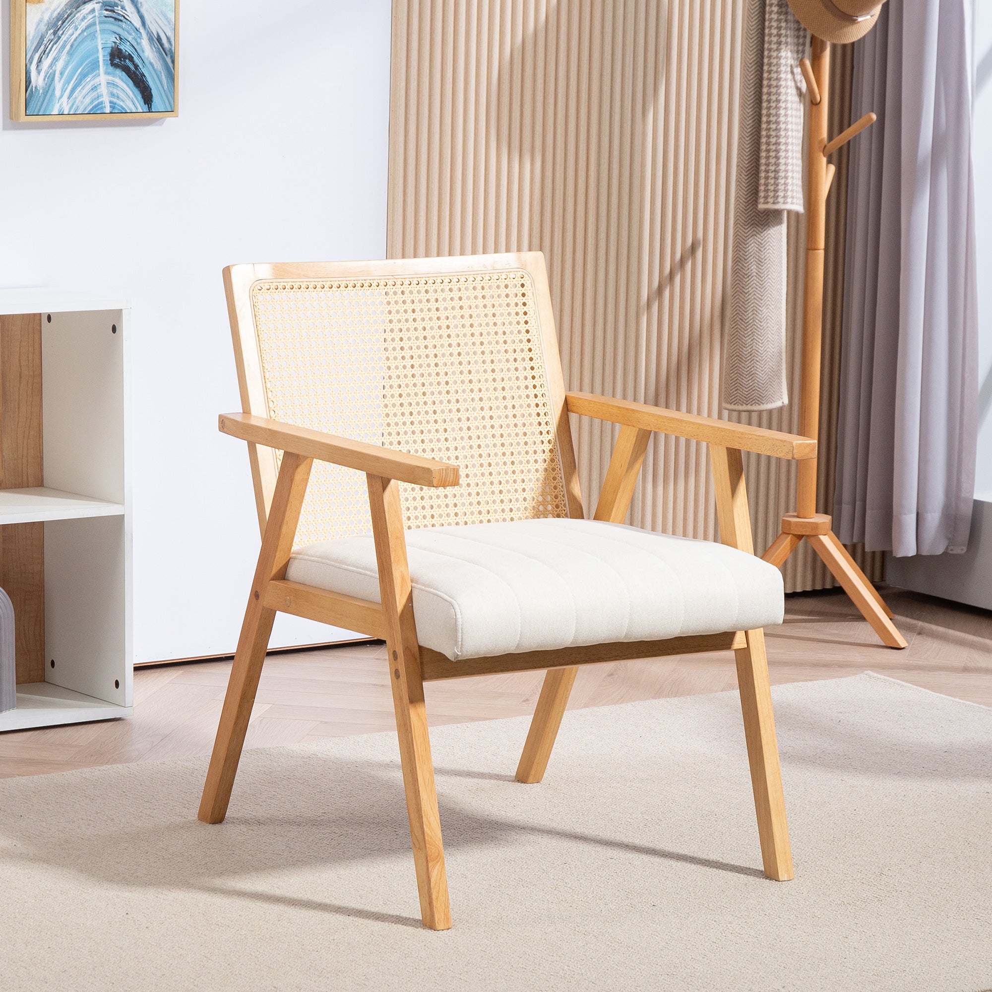 Fauteuil Relax pour Salon Chambre Confortable, Chaise cannage avec Dossier en rotin et Coussin rembourré et accoudoirs, Bois Naturel