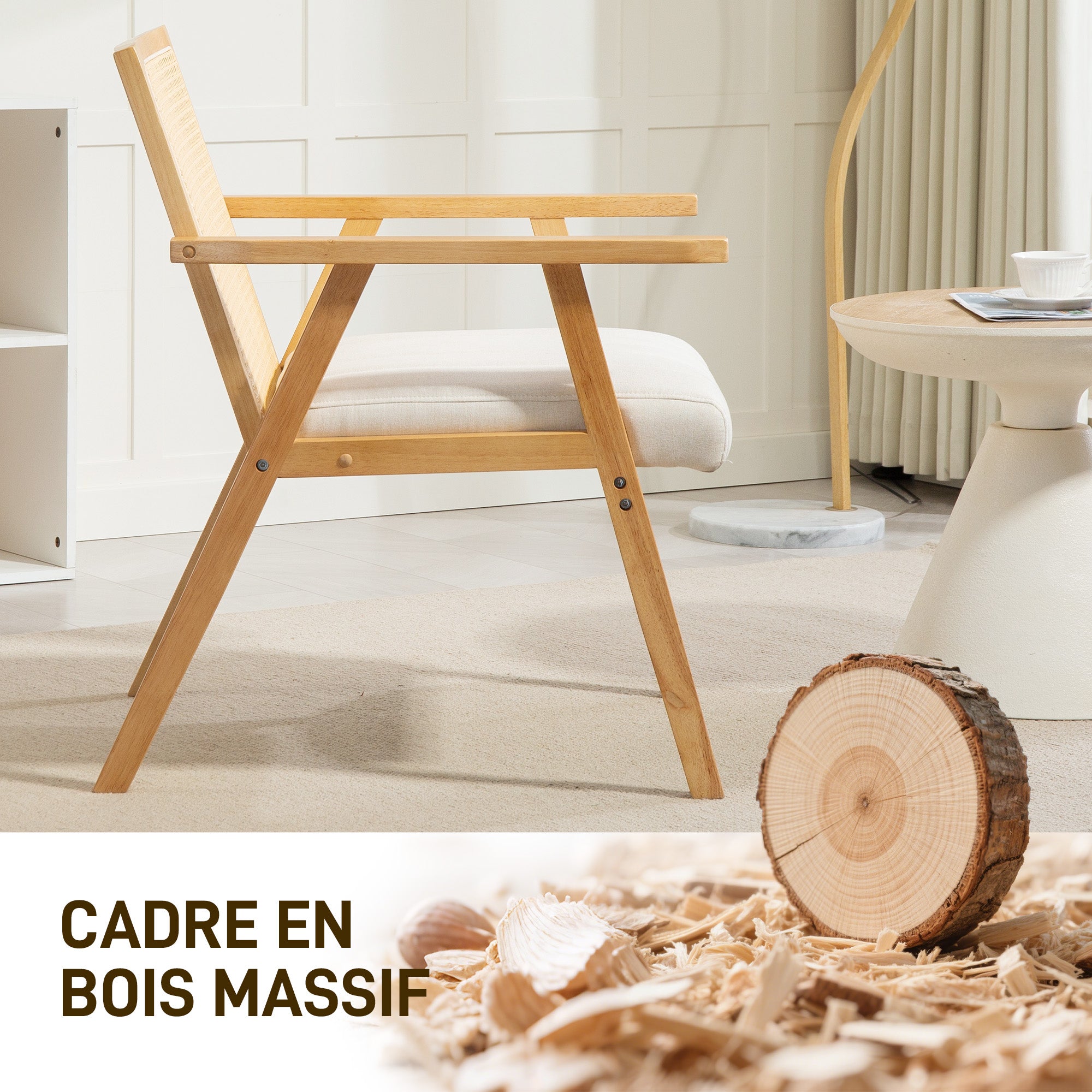Fauteuil Relax pour Salon Chambre Confortable, Chaise cannage avec Dossier en rotin et Coussin rembourré et accoudoirs, Bois Naturel