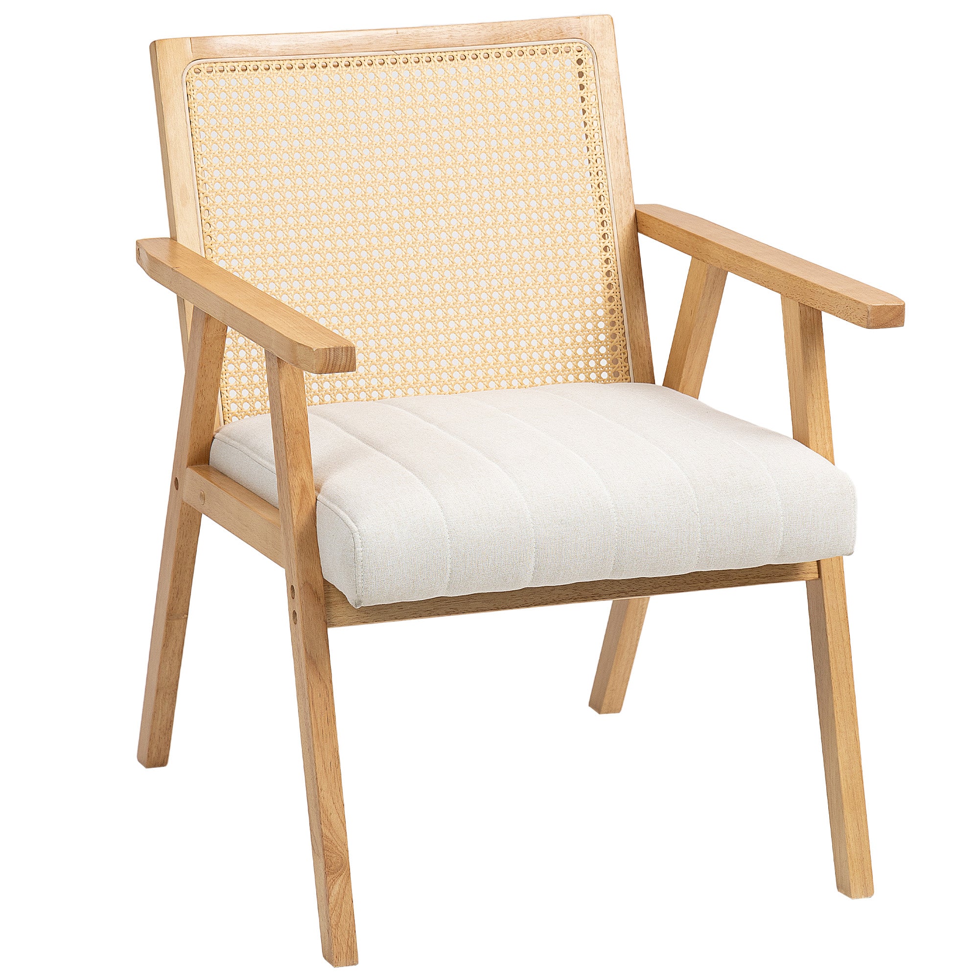 Fauteuil Relax pour Salon Chambre Confortable, Chaise cannage avec Dossier en rotin et Coussin rembourré et accoudoirs, Bois Naturel