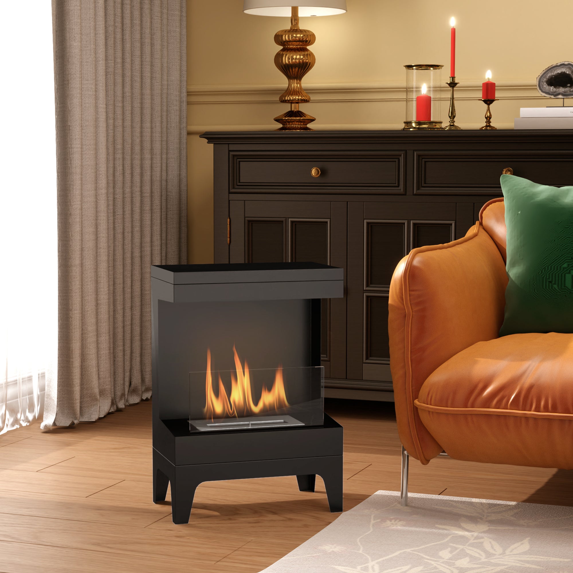 Cheminée bioéthanol sur pieds, avec réservoir 0,9 L, environ 3,3 h de durée de combustion, couverture 20 m², 38 x 22 x 54 cm, noir