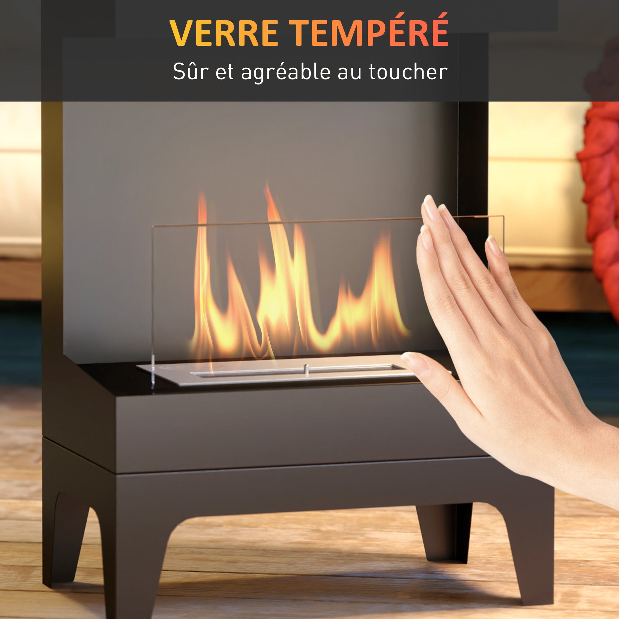 Cheminée bioéthanol sur pieds, avec réservoir 0,9 L, environ 3,3 h de durée de combustion, couverture 20 m², 38 x 22 x 54 cm, noir