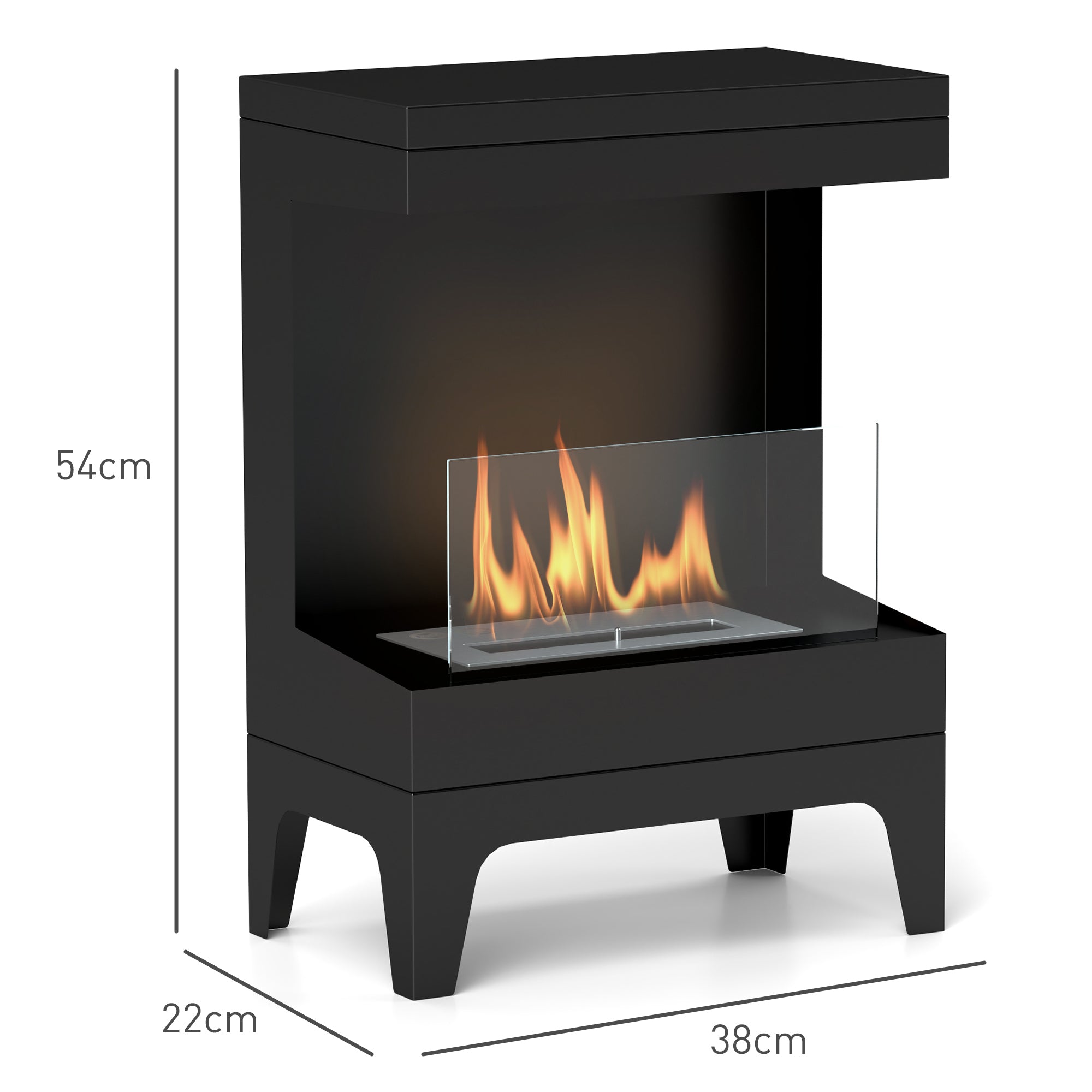 Cheminée bioéthanol sur pieds, avec réservoir 0,9 L, environ 3,3 h de durée de combustion, couverture 20 m², 38 x 22 x 54 cm, noir