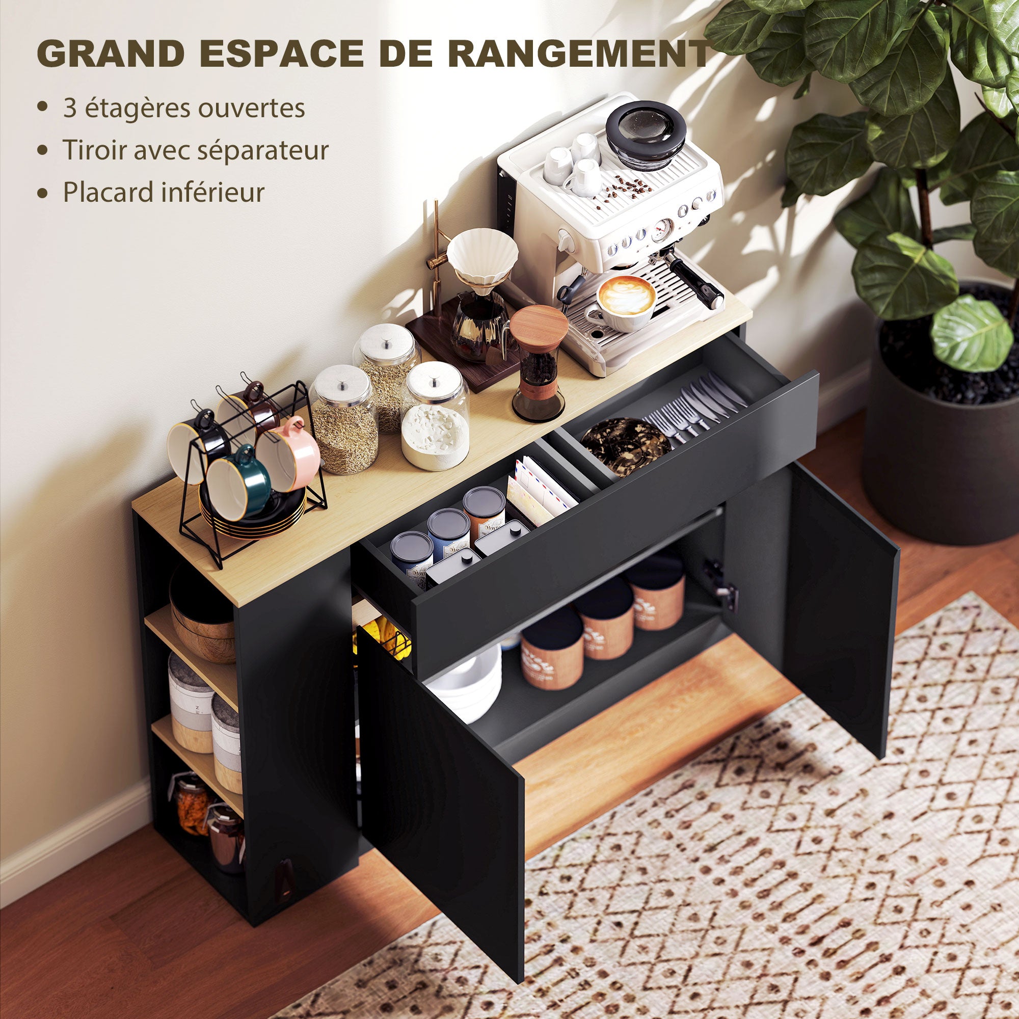 Buffet, meuble de rangement, avec placard 2 portes, étagère réglable, 2 tiroirs, 3 étagères ouvertes, 110 x 29,5 x 82 cm, pour salle à manger, salon, cuisine, noir