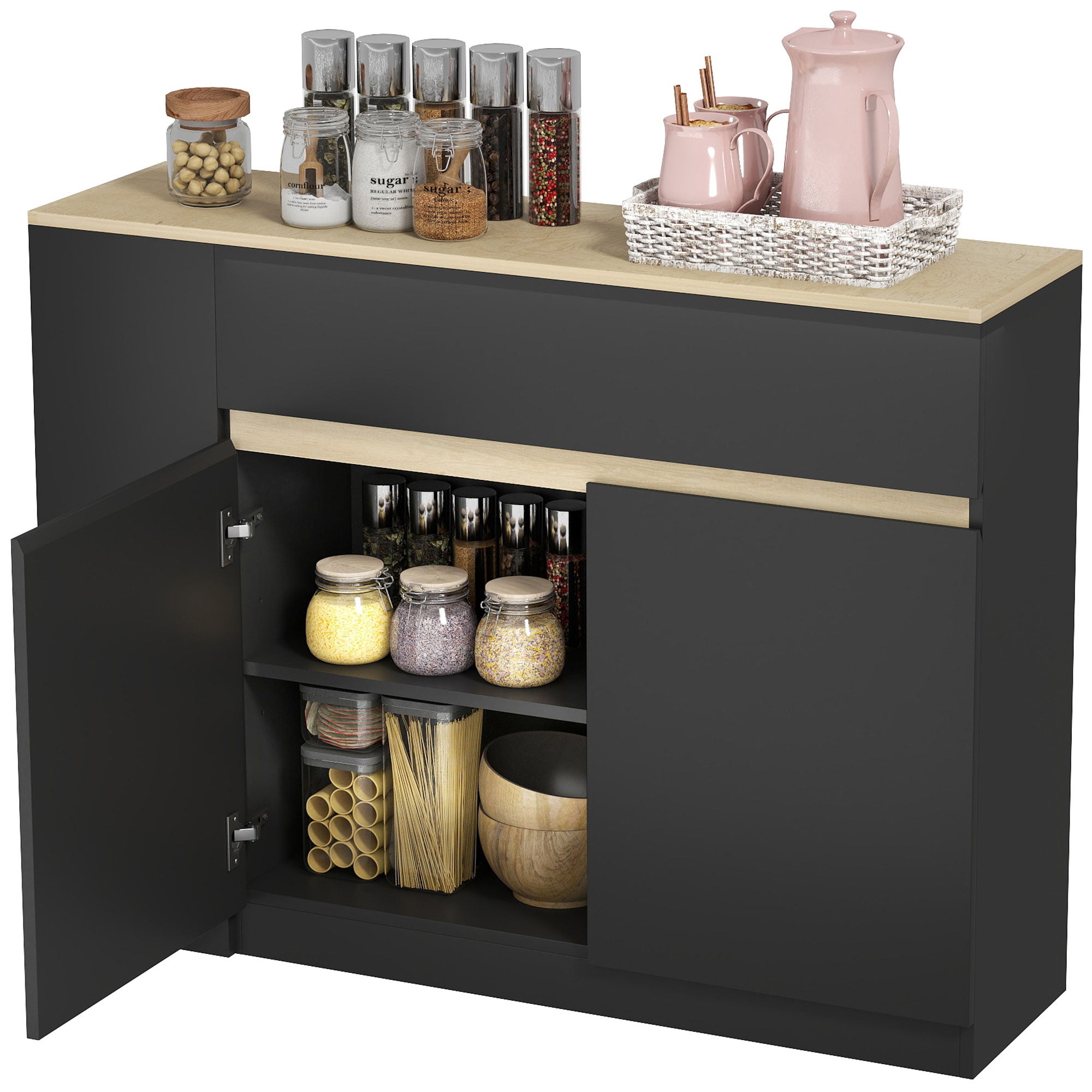 Buffet, meuble de rangement, avec placard 2 portes, étagère réglable, 2 tiroirs, 3 étagères ouvertes, 110 x 29,5 x 82 cm, pour salle à manger, salon, cuisine, noir