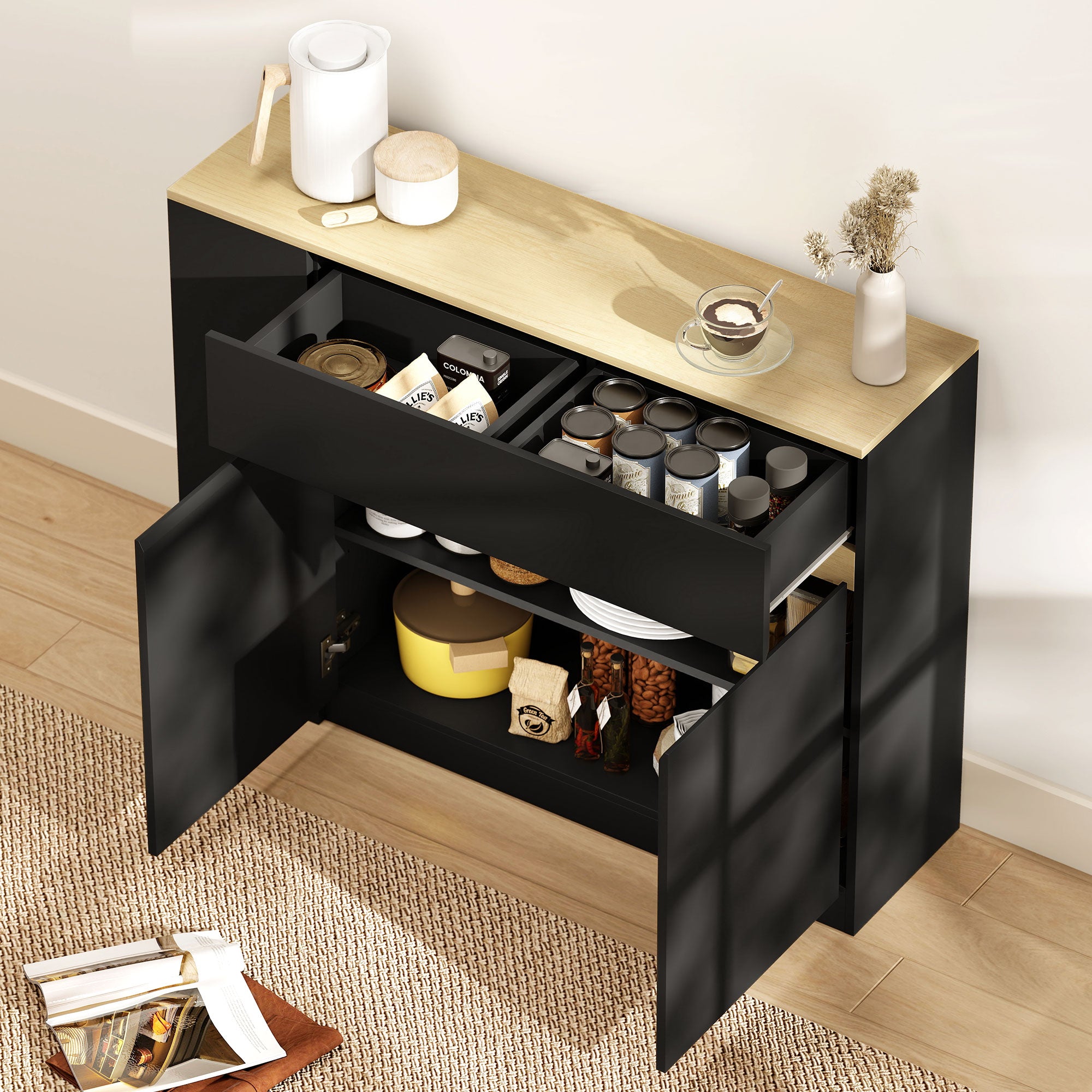 Buffet, meuble de rangement, avec placard 2 portes, étagère réglable, 2 tiroirs, 3 étagères ouvertes, 110 x 29,5 x 82 cm, pour salle à manger, salon, cuisine, noir