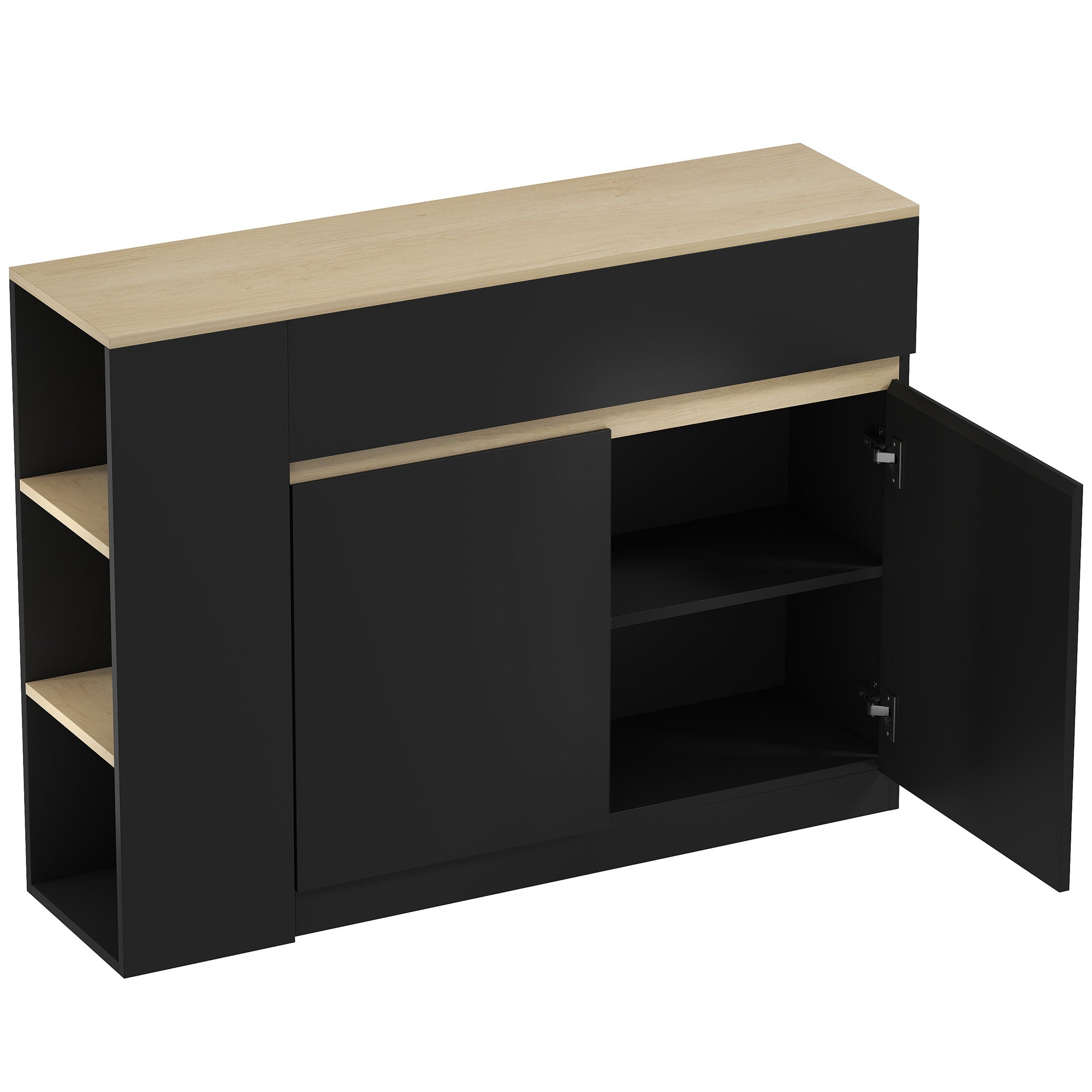 Buffet, meuble de rangement, avec placard 2 portes, étagère réglable, 2 tiroirs, 3 étagères ouvertes, 110 x 29,5 x 82 cm, pour salle à manger, salon, cuisine, noir