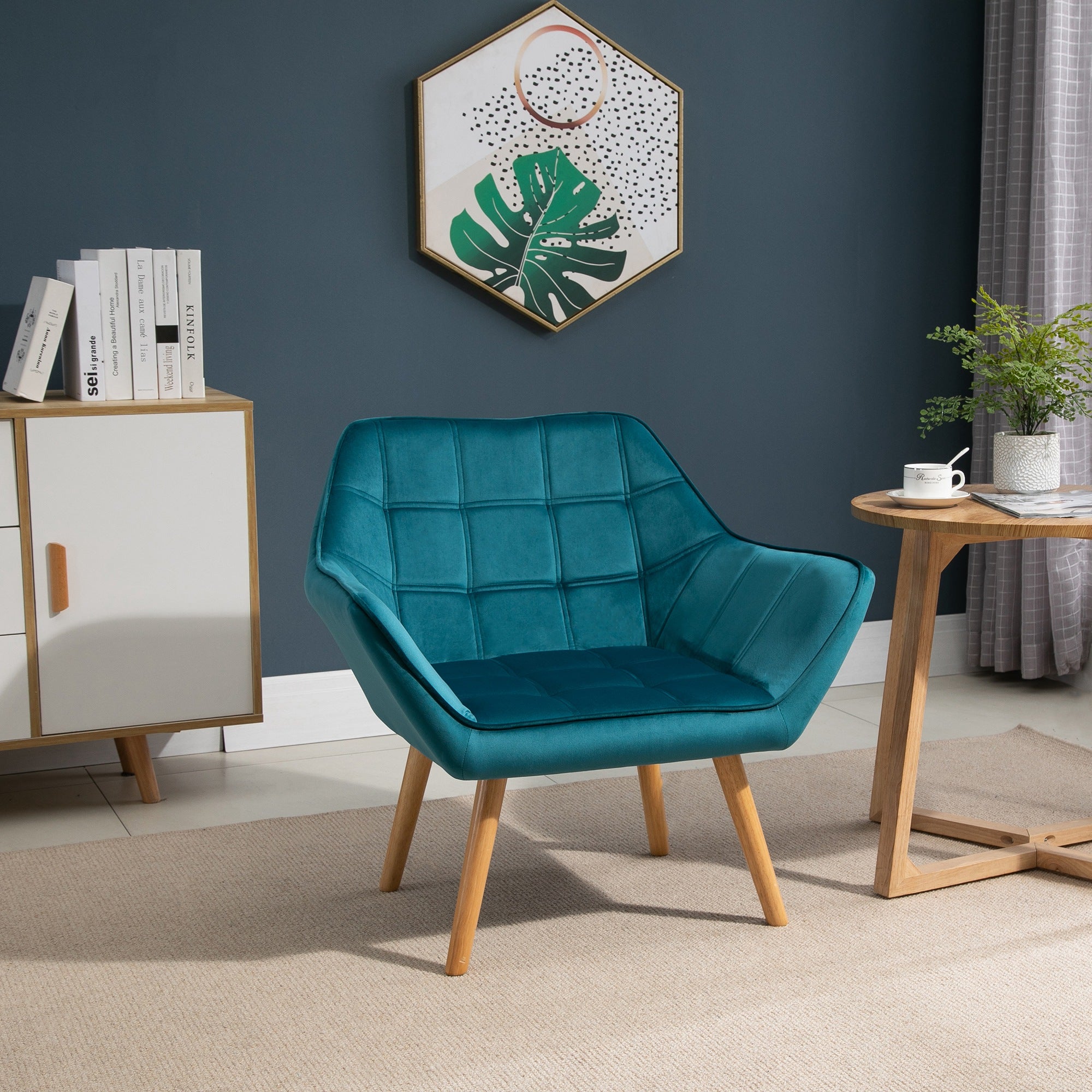 Fauteuil salon chaise coiffeuse fauteuil scandinave avec dossier haut et accoudoir rembourré - avec pied en bois, revêtement en effet velours, 67 x 61,5 x 71 cm, bleu