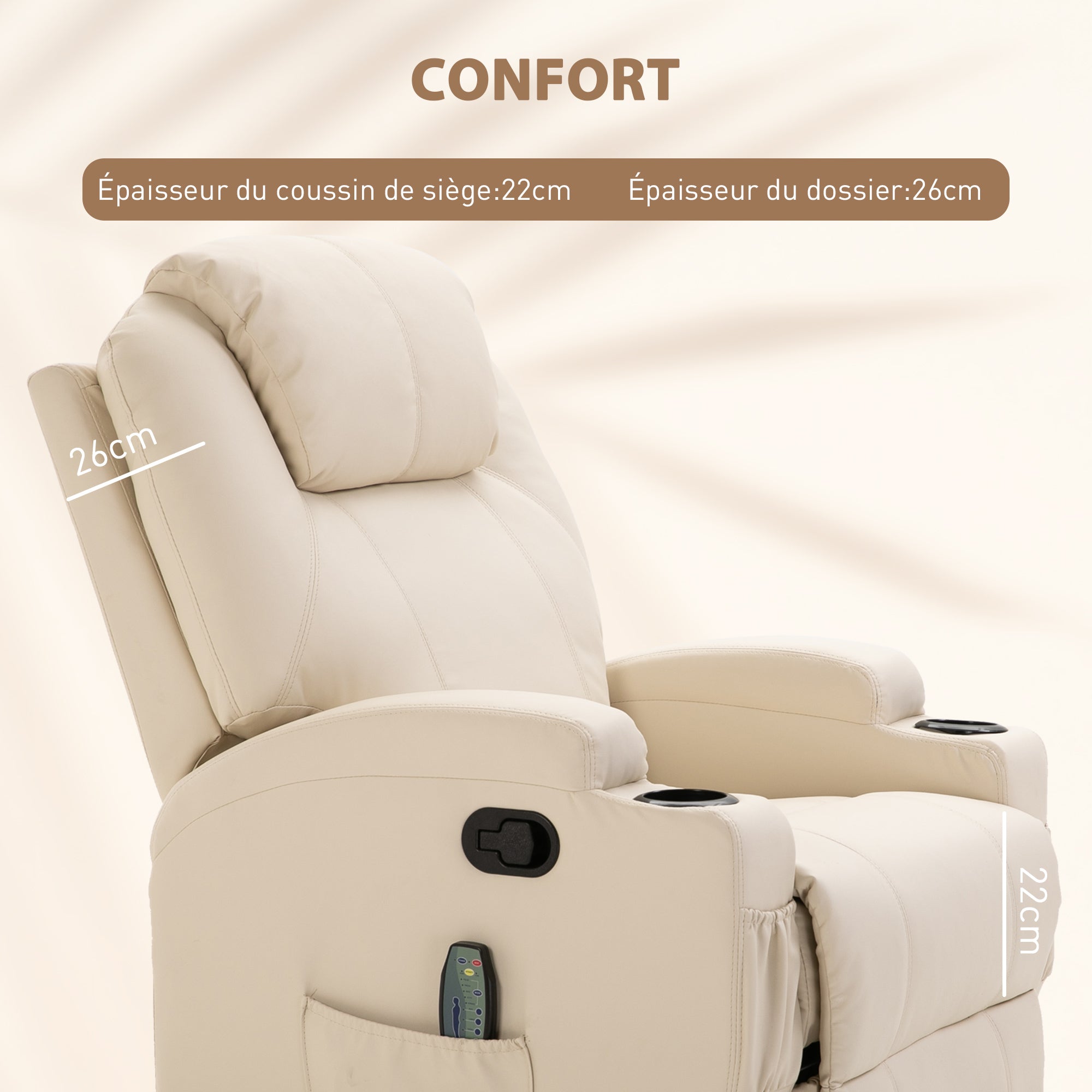 Fauteuil de massage inclinable, fauteuil de relaxation, dossier et repose-pieds réglable manuellement, fonction bascule, télécommande, pivotant à 360°, porte-gobelets et poches latérales, crème