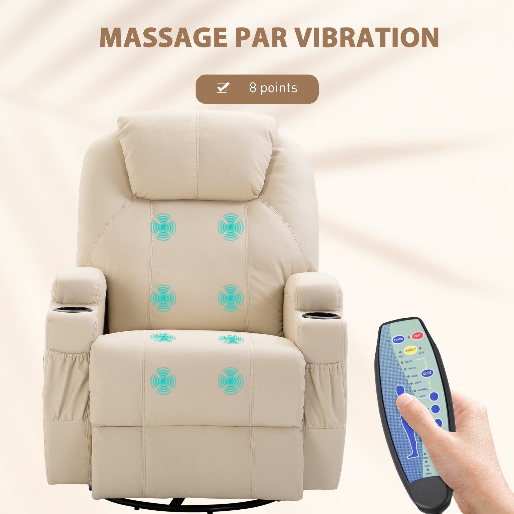 Fauteuil de massage inclinable, fauteuil de relaxation, dossier et repose-pieds réglable manuellement, fonction bascule, télécommande, pivotant à 360°, porte-gobelets et poches latérales, crème