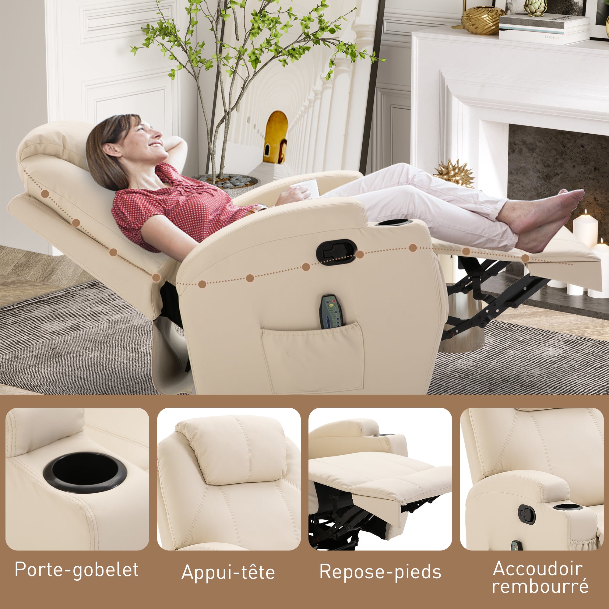 Fauteuil de massage inclinable, fauteuil de relaxation, dossier et repose-pieds réglable manuellement, fonction bascule, télécommande, pivotant à 360°, porte-gobelets et poches latérales, crème
