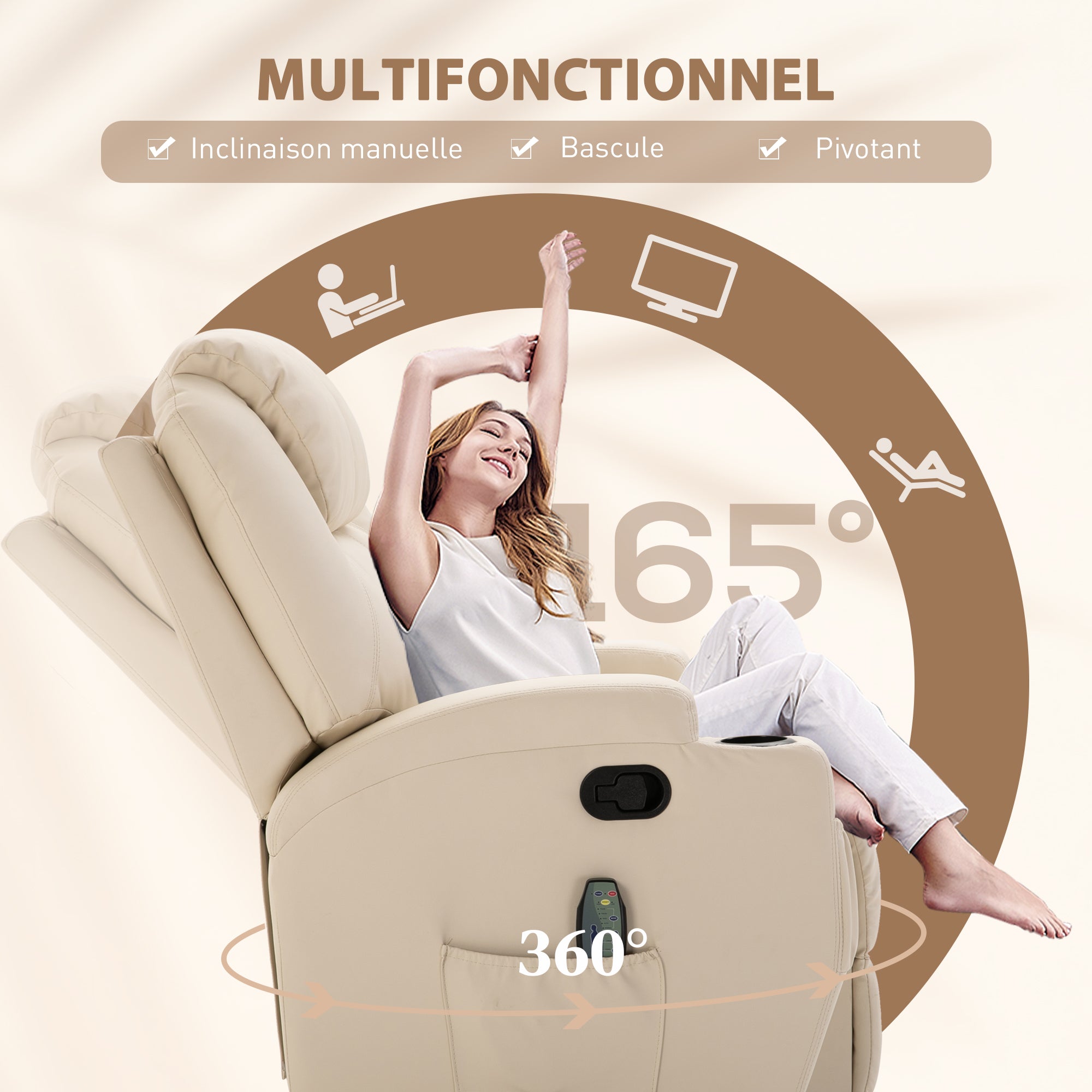 Fauteuil de massage inclinable, fauteuil de relaxation, dossier et repose-pieds réglable manuellement, fonction bascule, télécommande, pivotant à 360°, porte-gobelets et poches latérales, crème