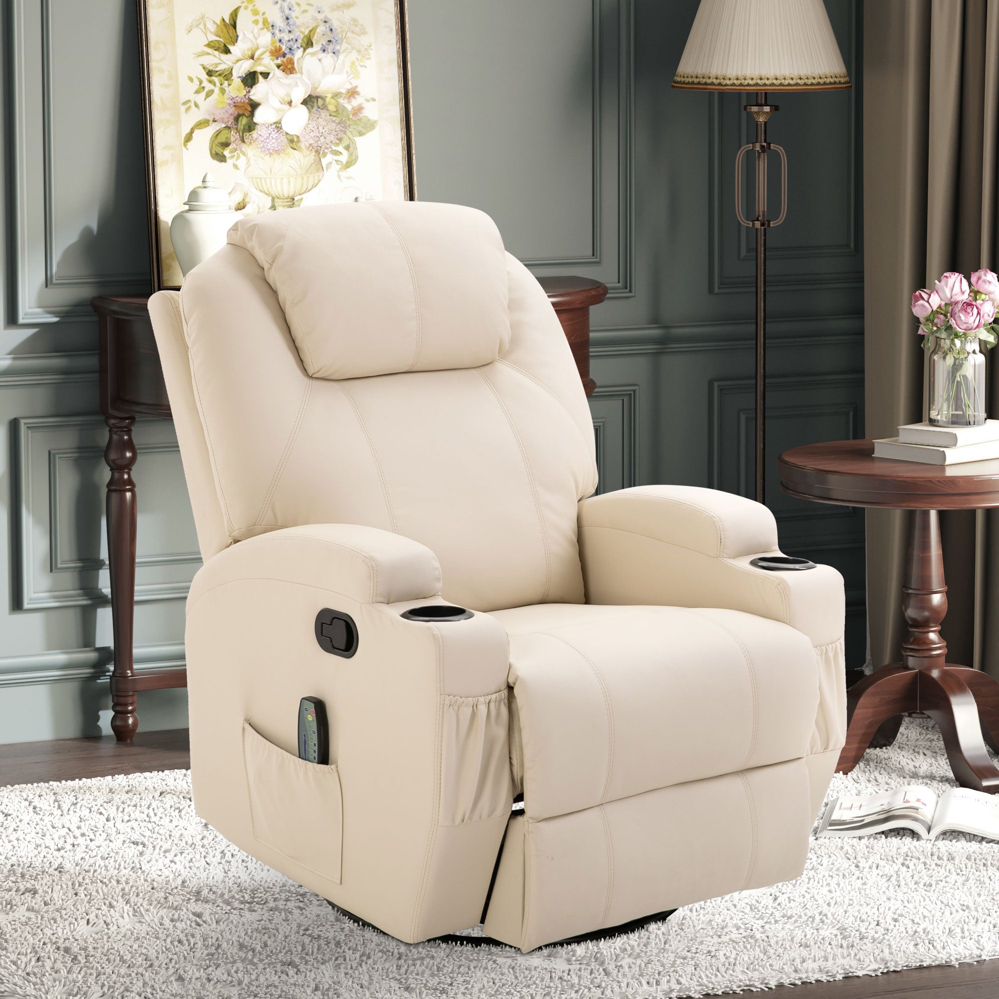 Fauteuil de massage inclinable, fauteuil de relaxation, dossier et repose-pieds réglable manuellement, fonction bascule, télécommande, pivotant à 360°, porte-gobelets et poches latérales, crème