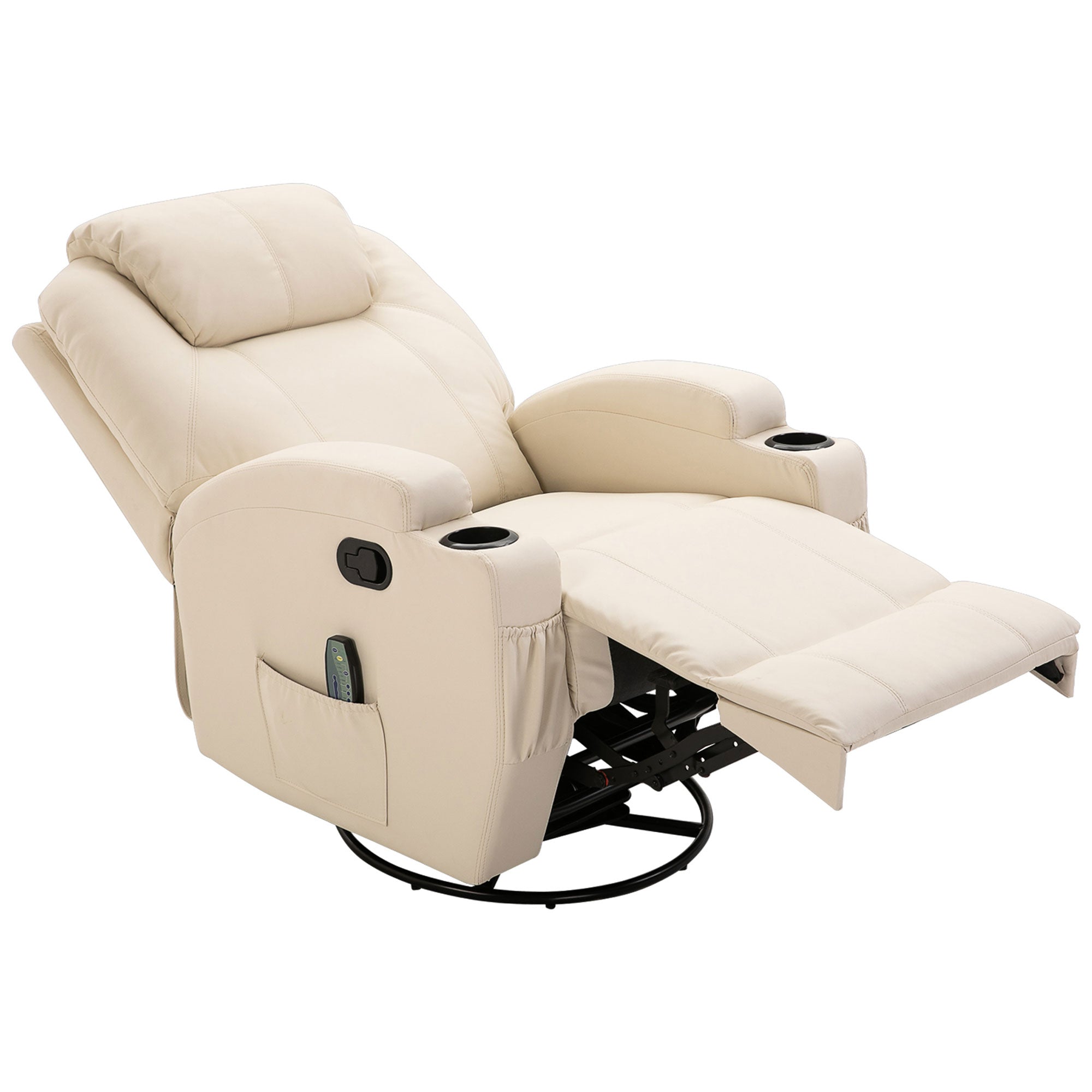 Fauteuil de massage inclinable, fauteuil de relaxation, dossier et repose-pieds réglable manuellement, fonction bascule, télécommande, pivotant à 360°, porte-gobelets et poches latérales, crème