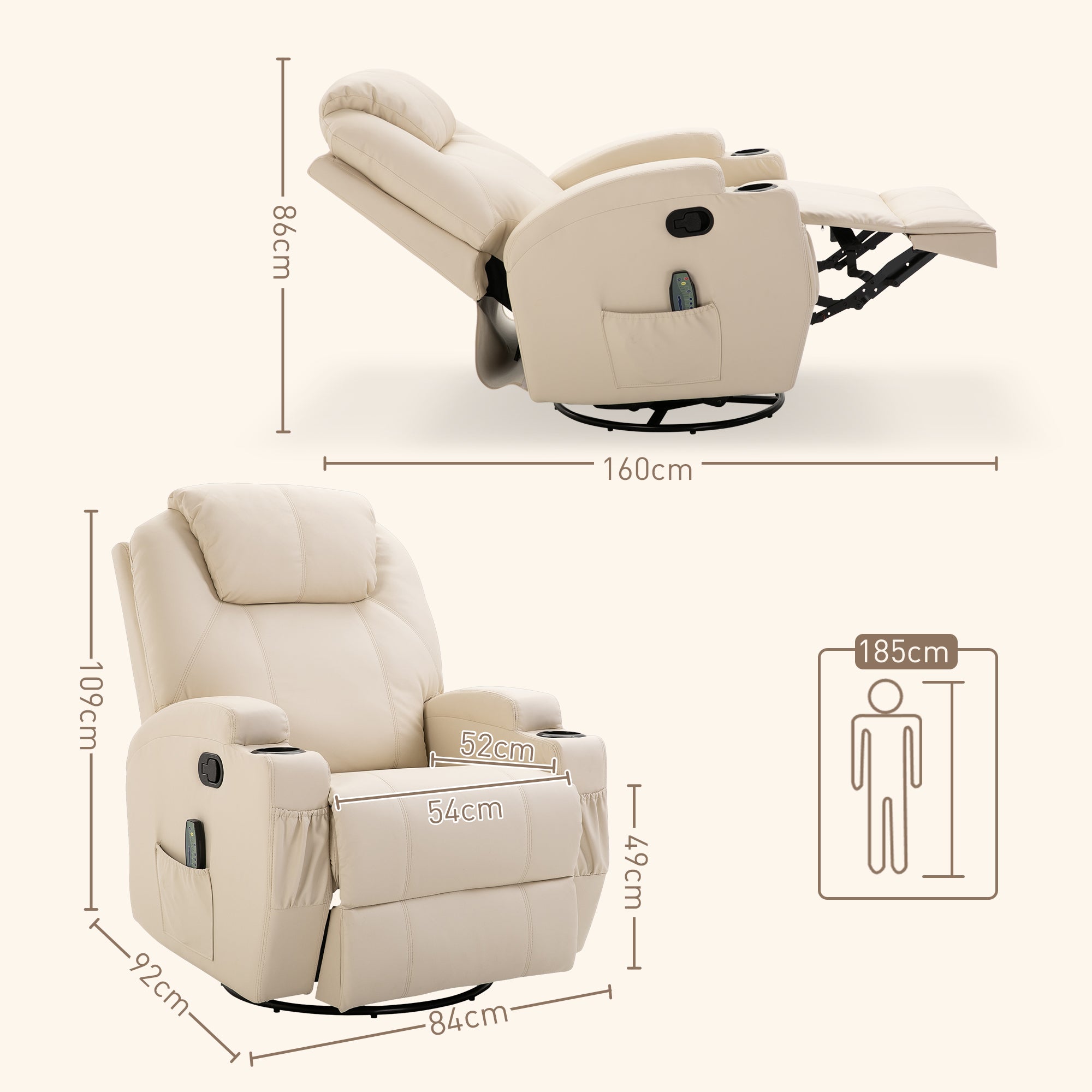 Fauteuil de massage inclinable, fauteuil de relaxation, dossier et repose-pieds réglable manuellement, fonction bascule, télécommande, pivotant à 360°, porte-gobelets et poches latérales, crème