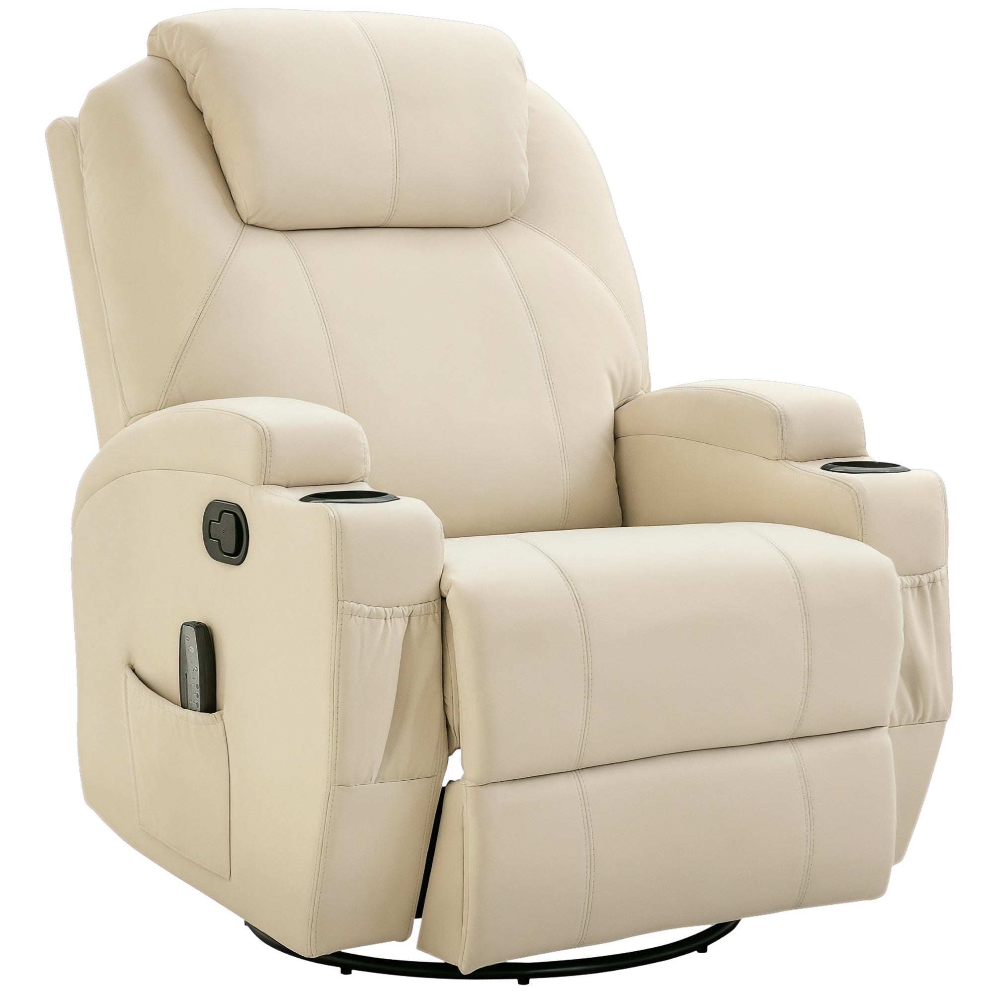 Fauteuil de massage inclinable, fauteuil de relaxation, dossier et repose-pieds réglable manuellement, fonction bascule, télécommande, pivotant à 360°, porte-gobelets et poches latérales, crème