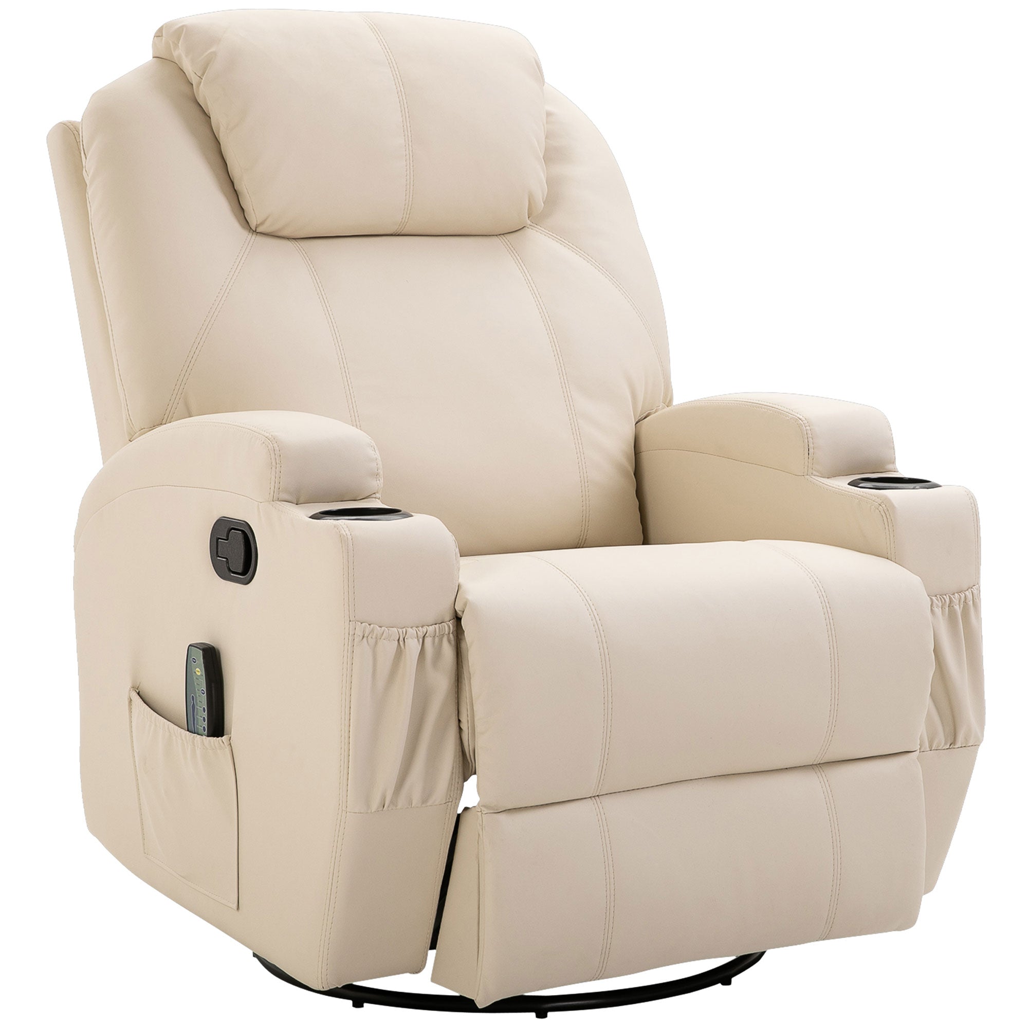 Fauteuil de massage inclinable, fauteuil de relaxation, dossier et repose-pieds réglable manuellement, fonction bascule, télécommande, pivotant à 360°, porte-gobelets et poches latérales, crème