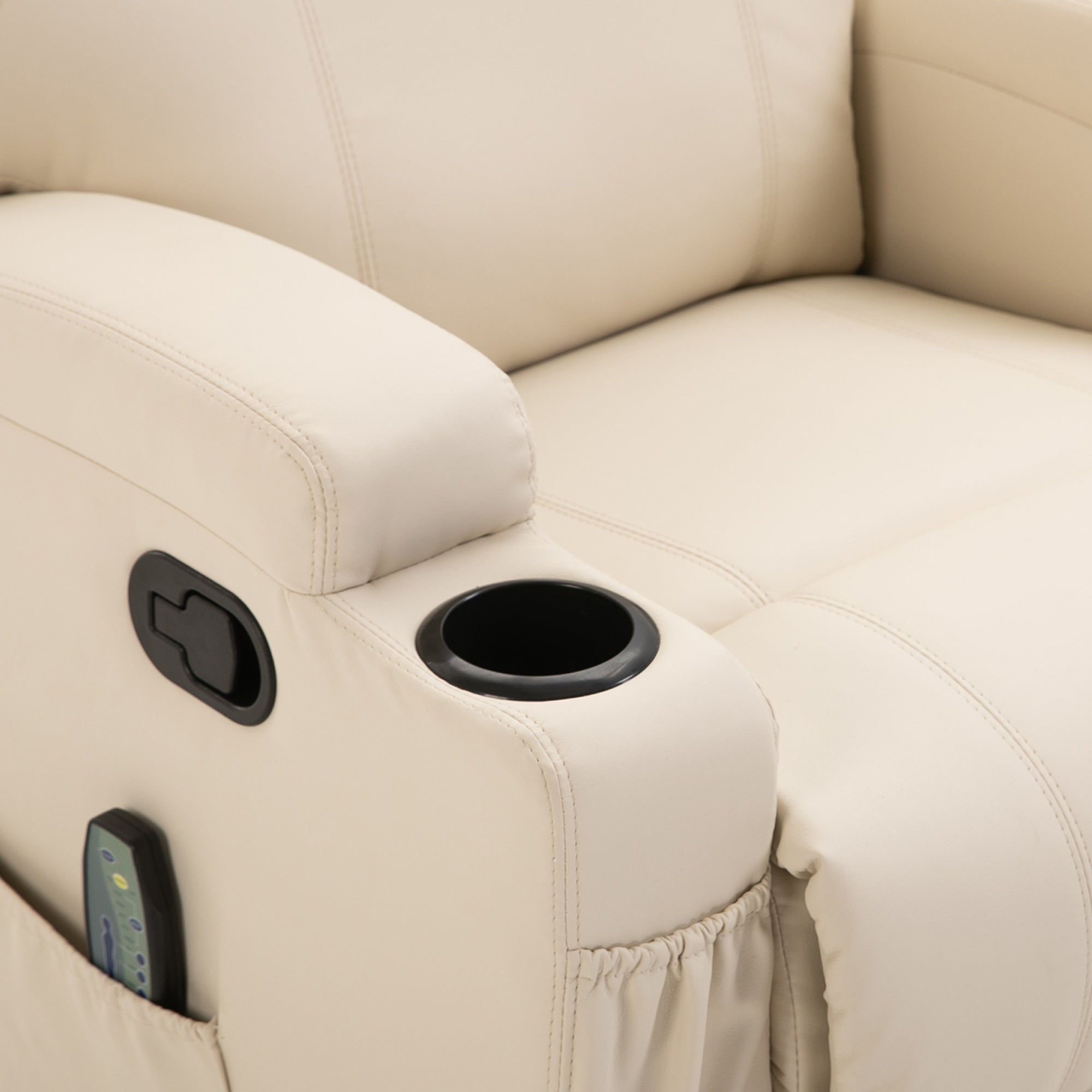 Fauteuil de massage inclinable, fauteuil de relaxation, dossier et repose-pieds réglable manuellement, fonction bascule, télécommande, pivotant à 360°, porte-gobelets et poches latérales, crème